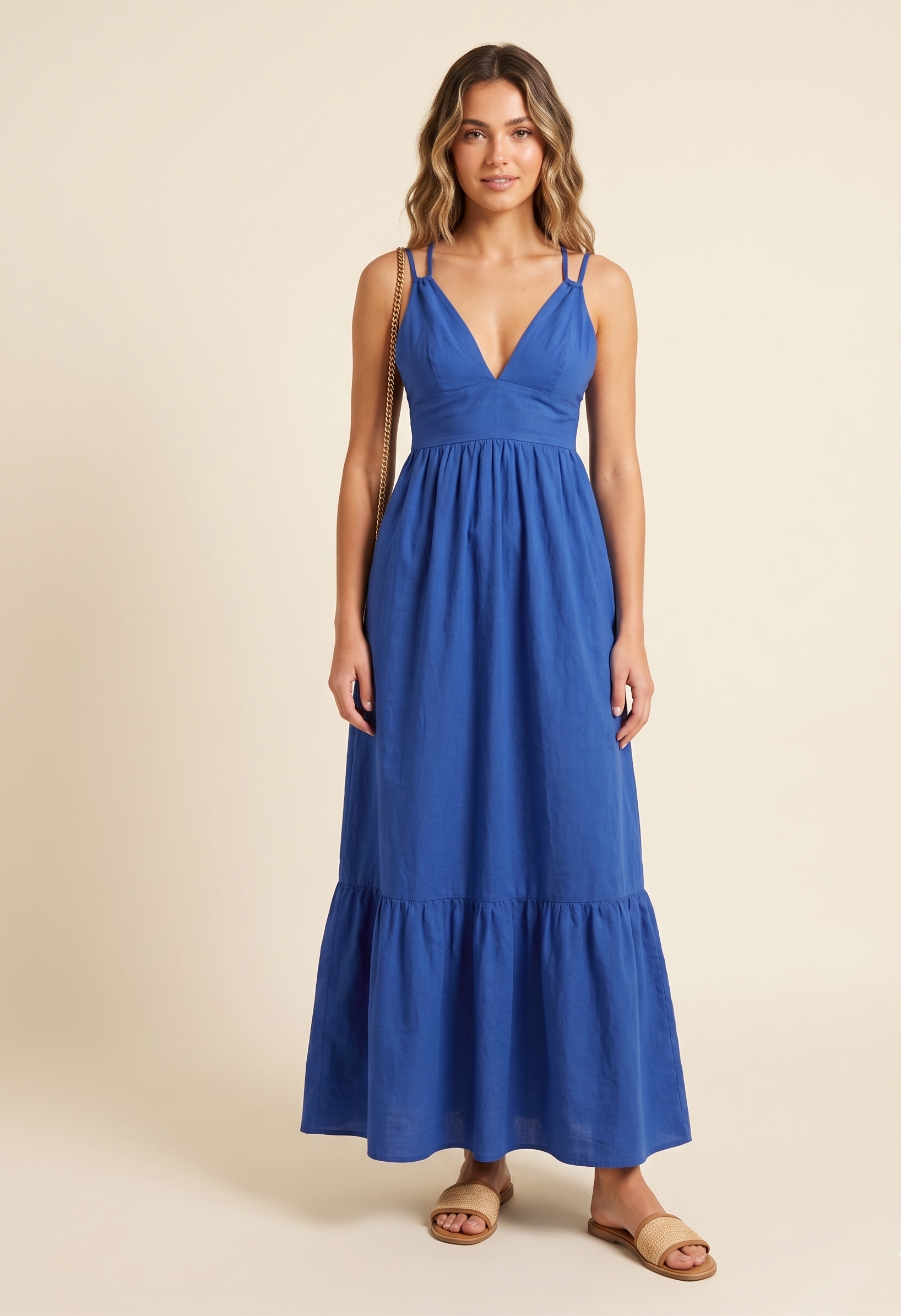 Feletin Luxe Crisscross Tie V-Neck Tiered Maxi Cami Dress in Blue