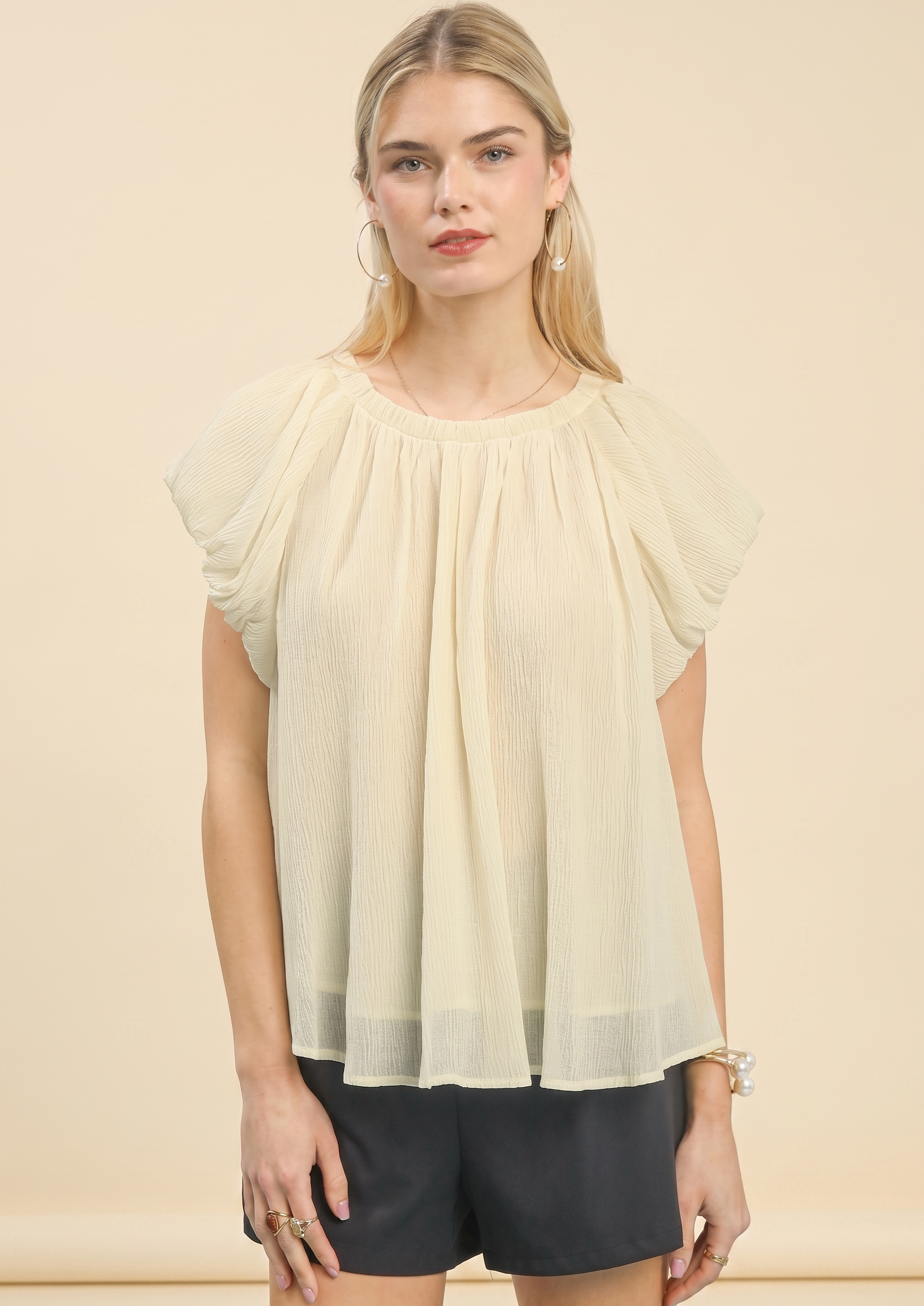 Feletin Luxe Crinkle Flutter-Sleeve Peasant Top | Cream | Sizes S–L