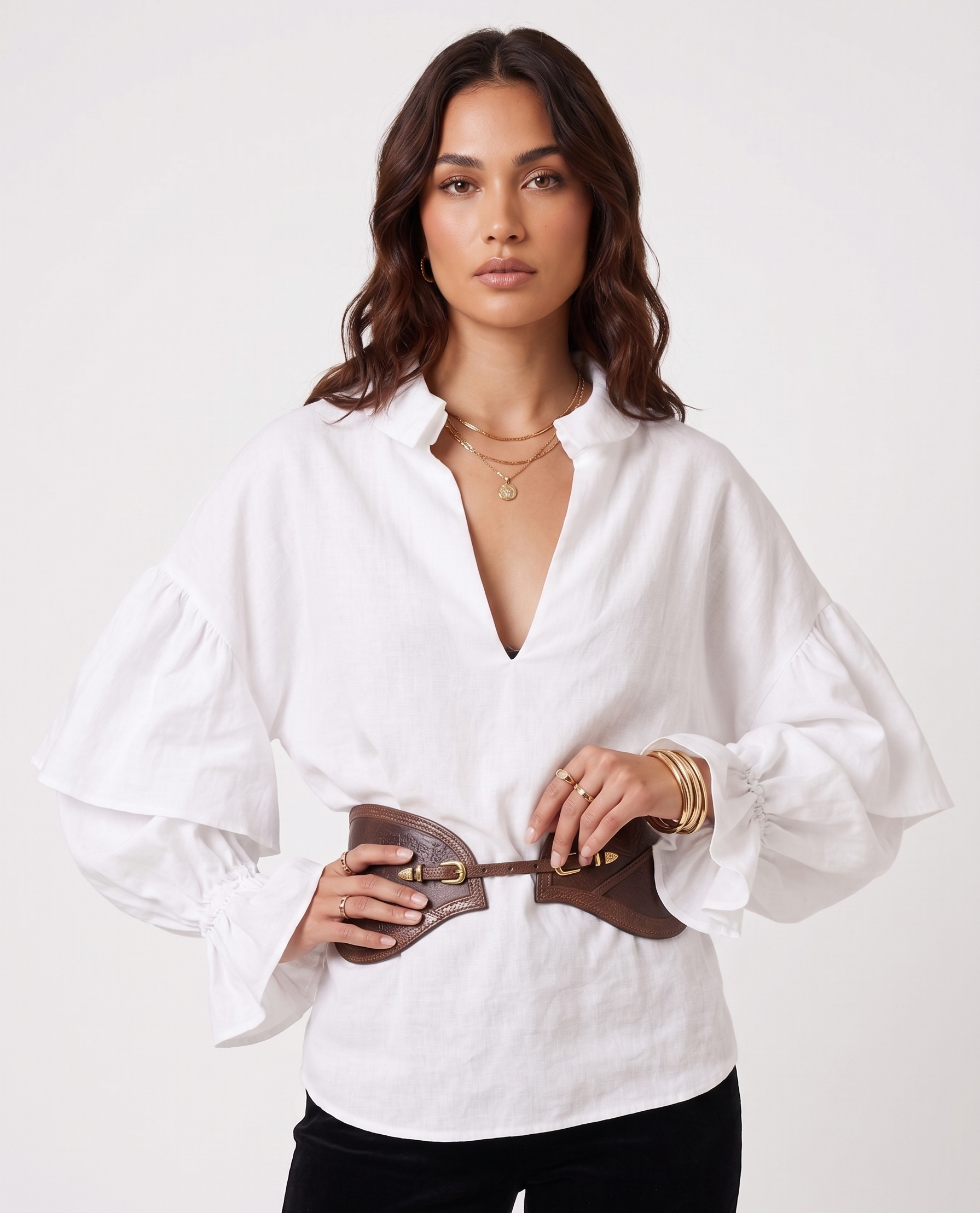 Notched-Neck Flounce Sleeve Frill Blouse 1
