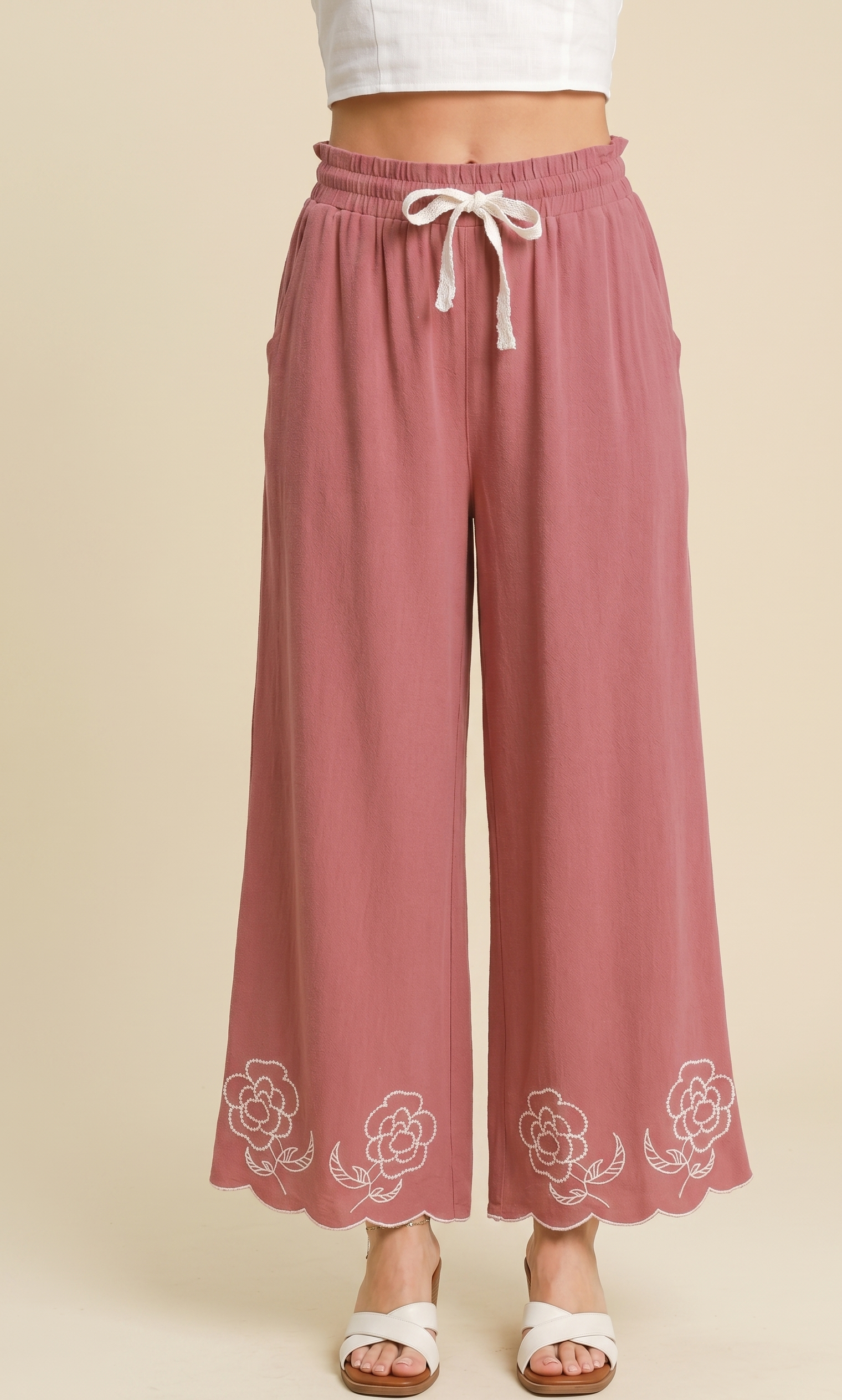 Feletin Linen Pétale Scalloped Hem Drawstring Wide Leg Pants