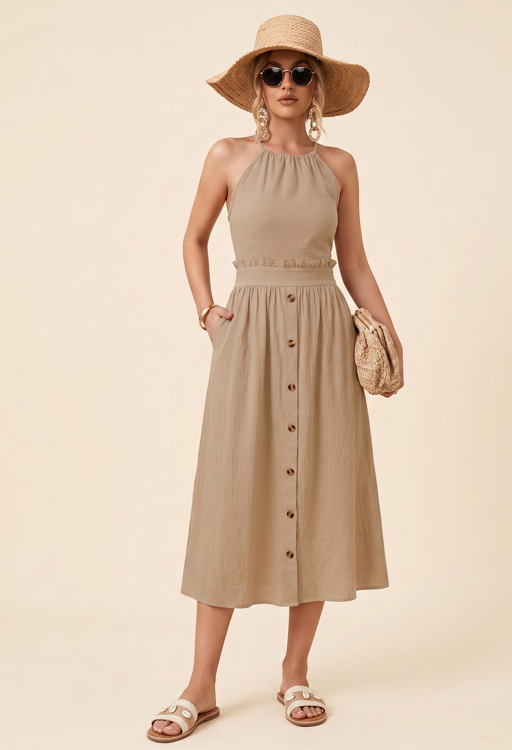 Feletin Luxe Buttoned Halter Neck Frill Trim Pocketed A-Line Midi Dress