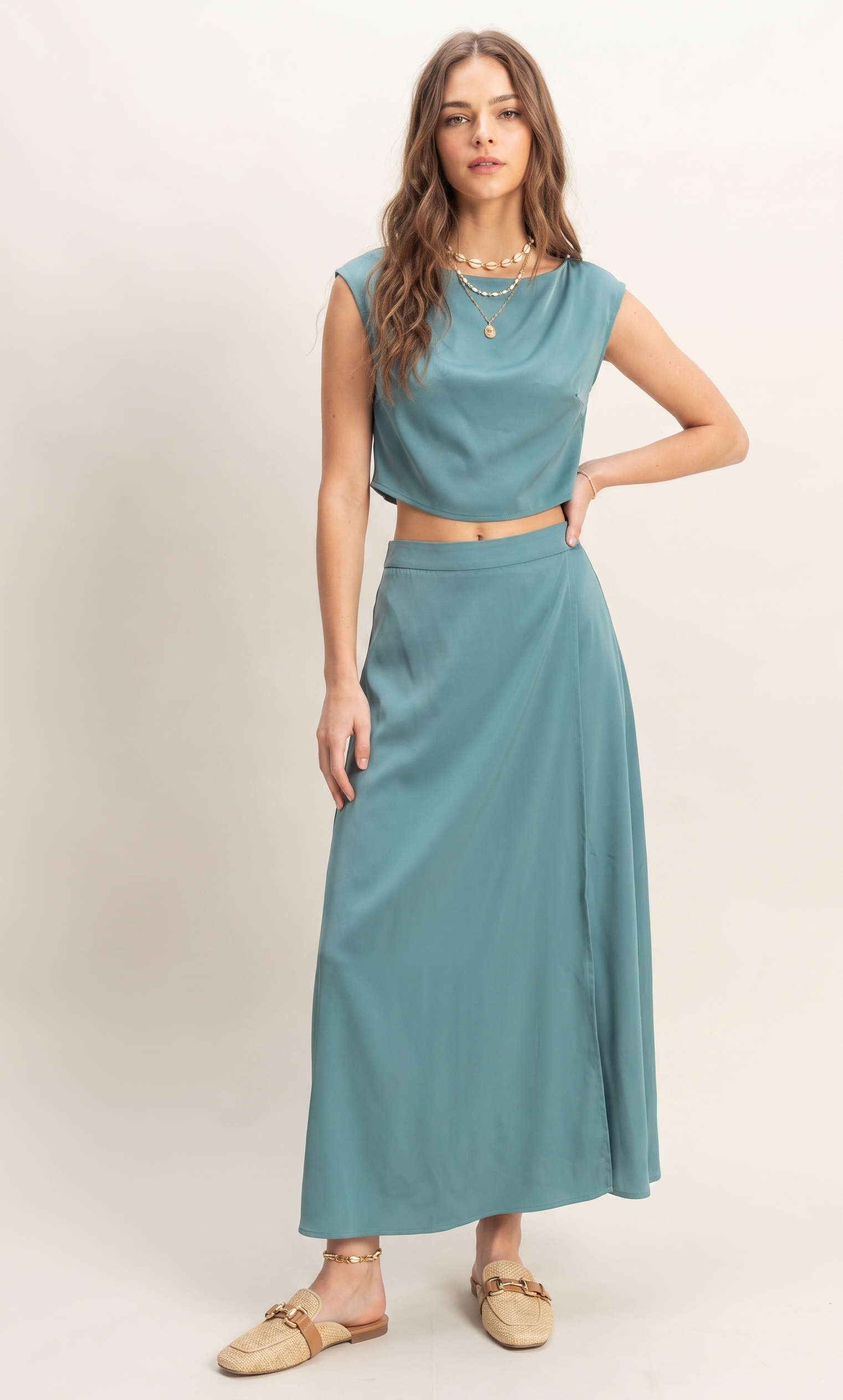 Feletin Luxe Sleeveless Top & Flowing Maxi Skirt Two-Piece Coordinating Set in Dusty Blue | Sizes S–L