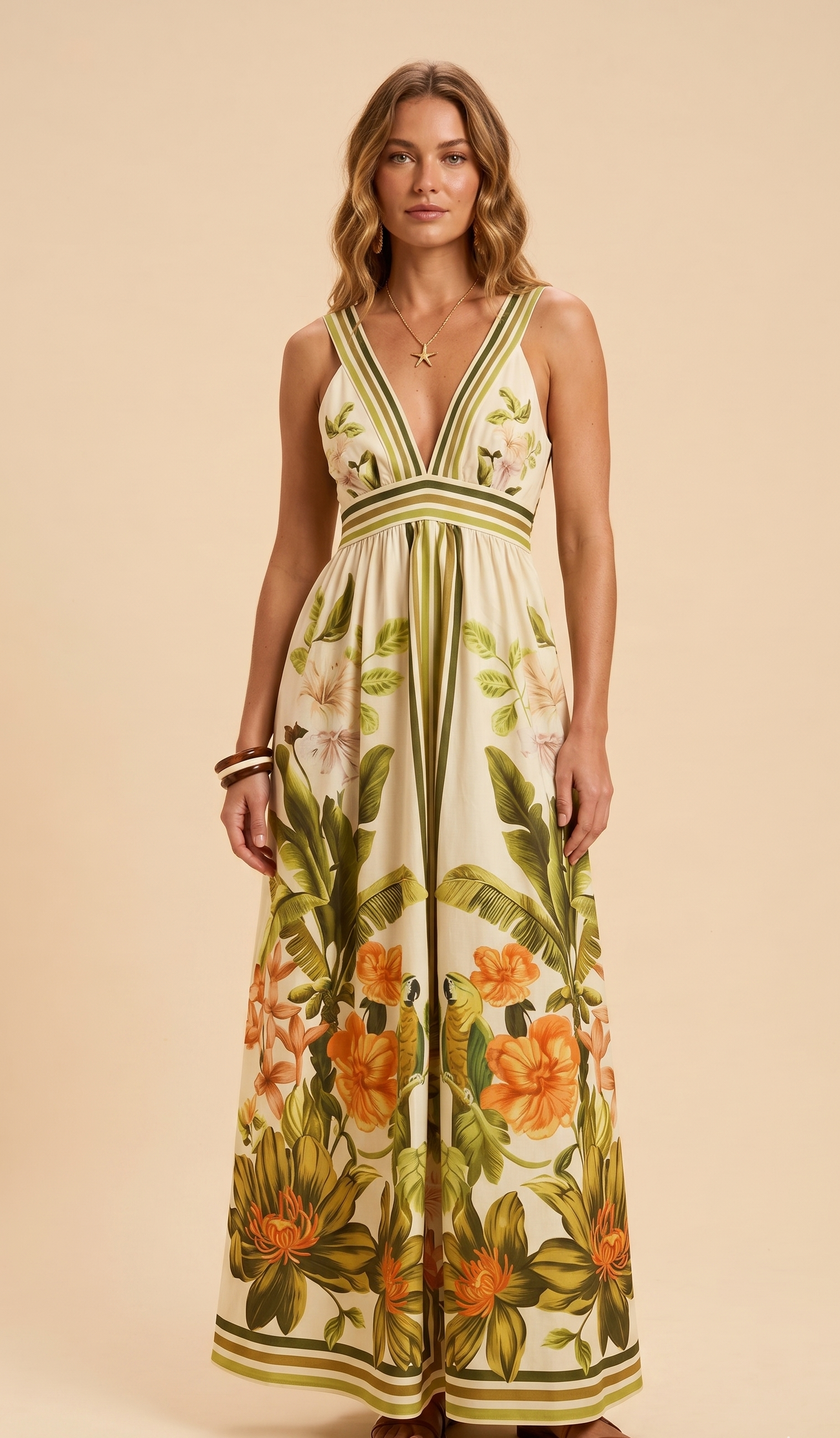Feletin Luxe Tropical-Print Smocked V-Neck Maxi Dress in Sage