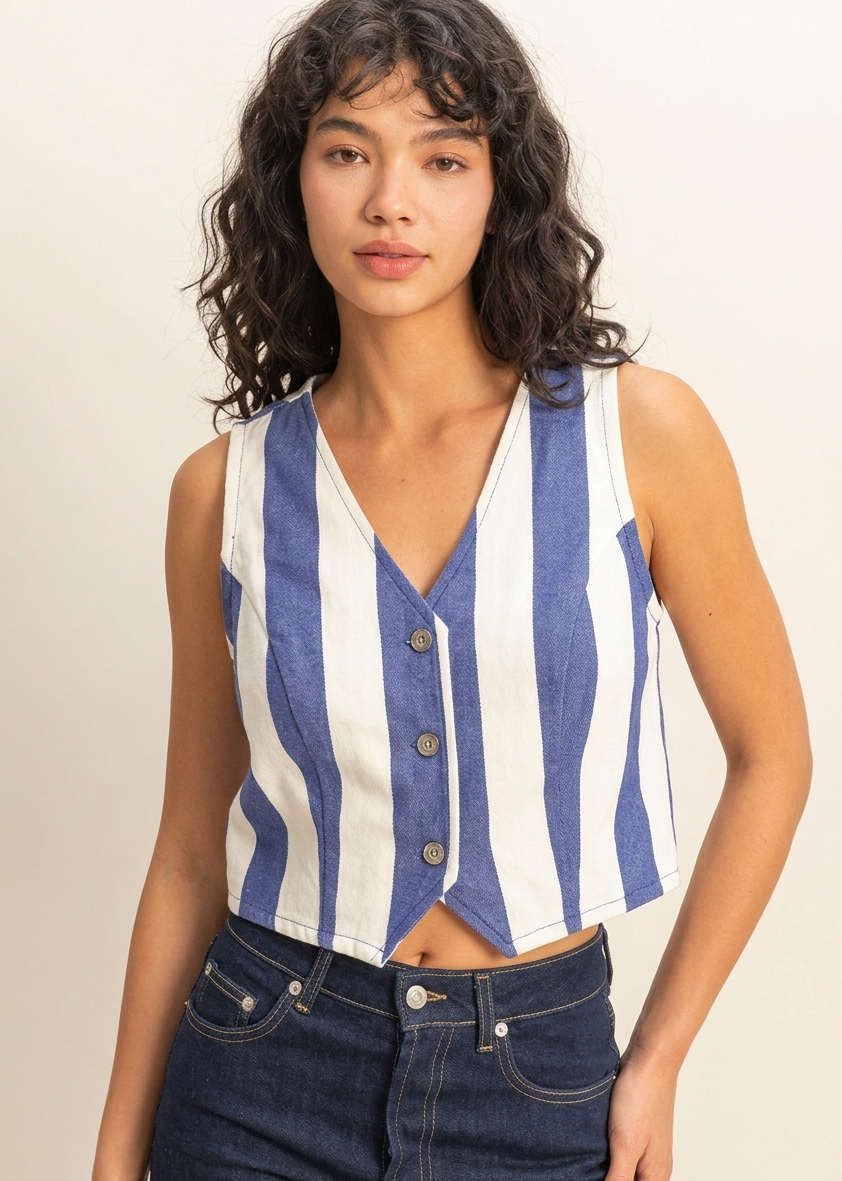 Feletin Luxe Woven Striped V-Neck Button-Down Vest in Indigo & Cream