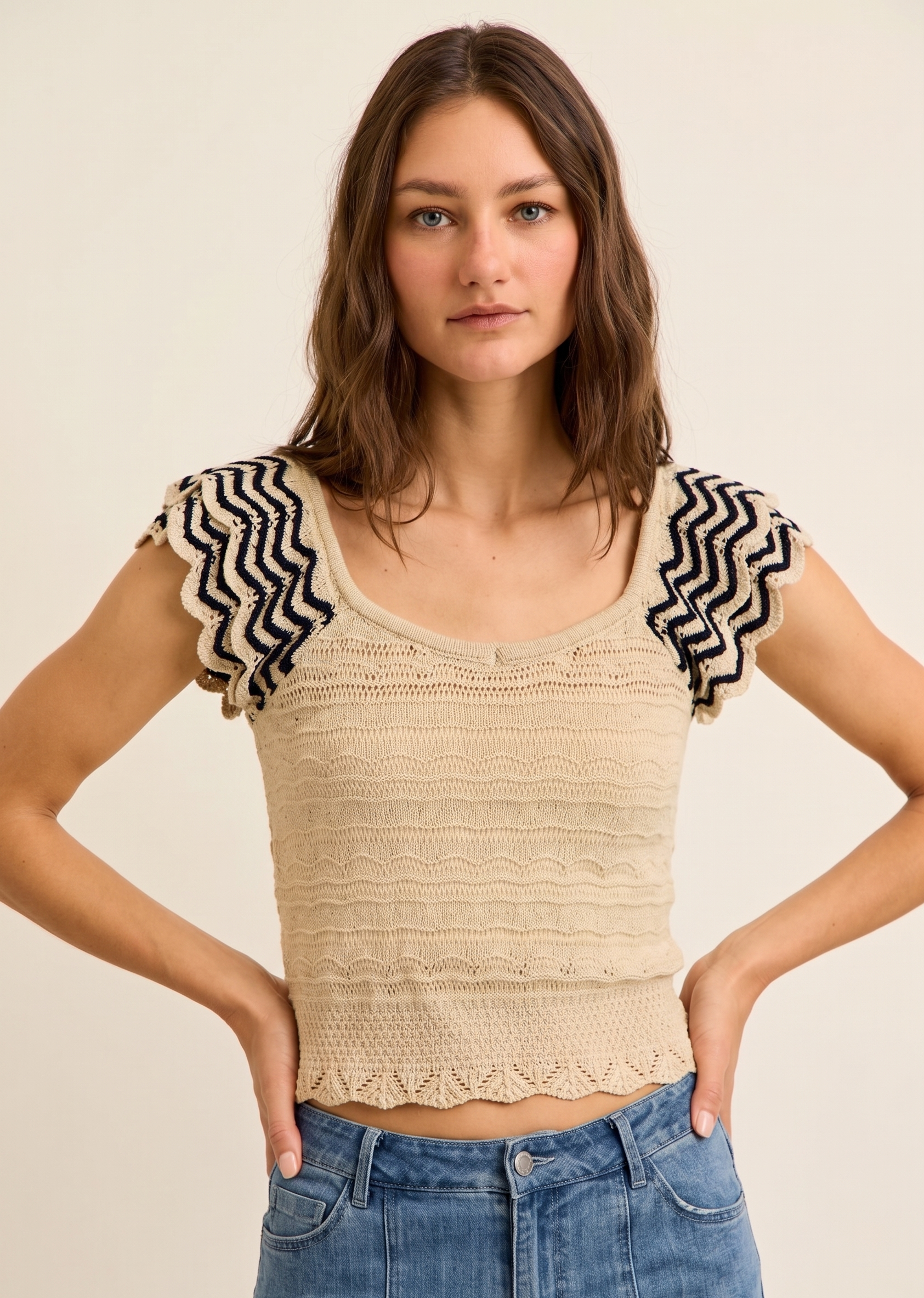 Feletin Luxe Wavy-Textured Flutter-Sleeve Knit Top in Oatmeal & Black
