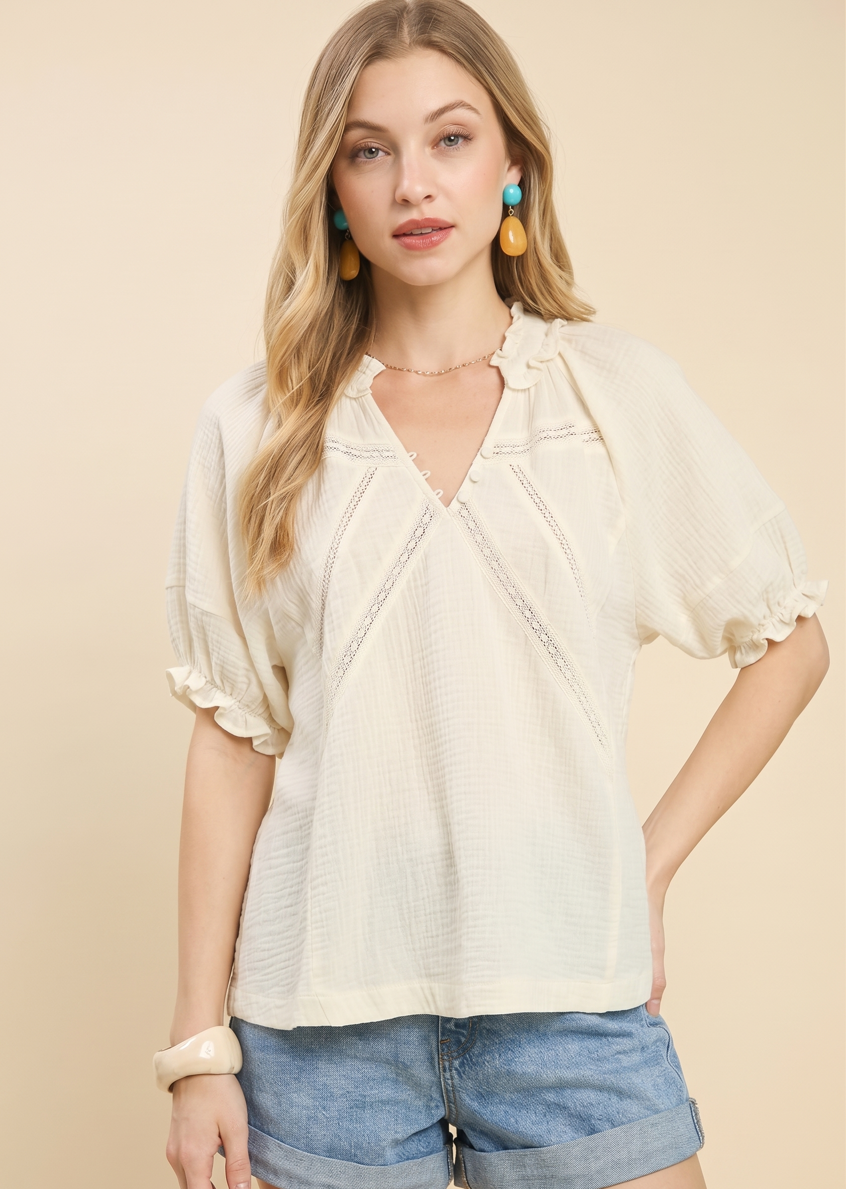 Feletin Luxe Cotton Gauze Lace-Trim V-Neck Ruffle Top in Cream | Sizes S–L