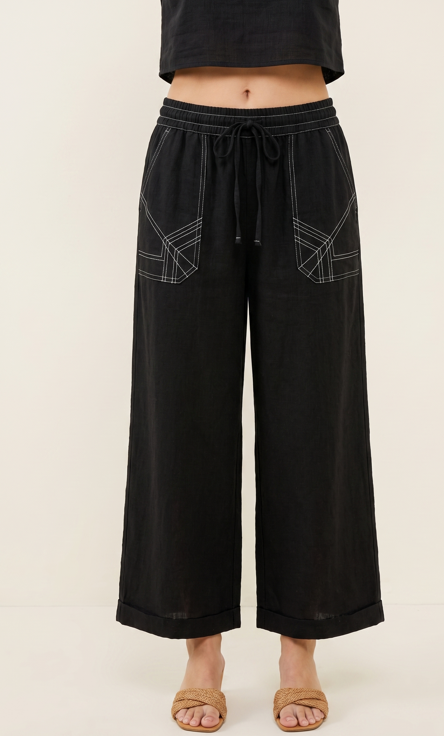 Feletin Linen Ombrage Frayed Trim Pocket Wide Leg Pants
