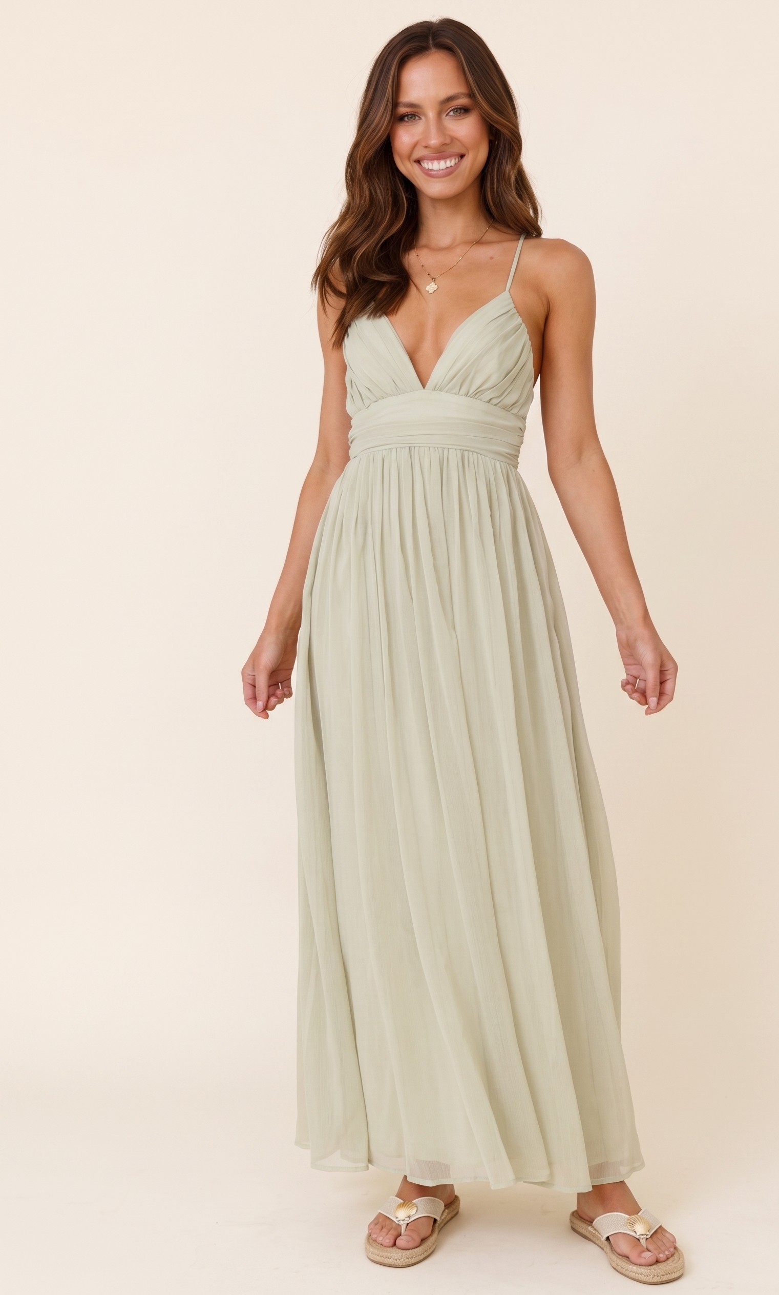 Feletin Luxe Ruched Tie-Waist V-Neck Cami Midi Dress in Soft Pastels