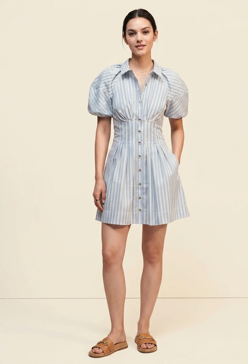 Feletin Luxe Striped Button-Front Shirt Dress in Azure Blue | Sizes S–XL