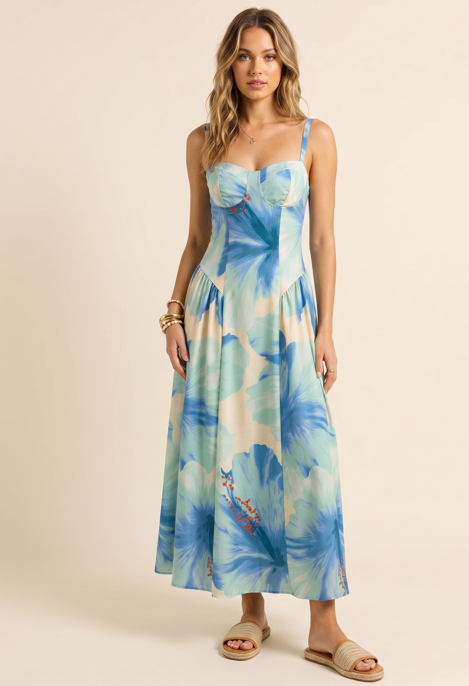 Feletin Luxe Floral Print Smocked Sweetheart Neck Midi Dress in Blue