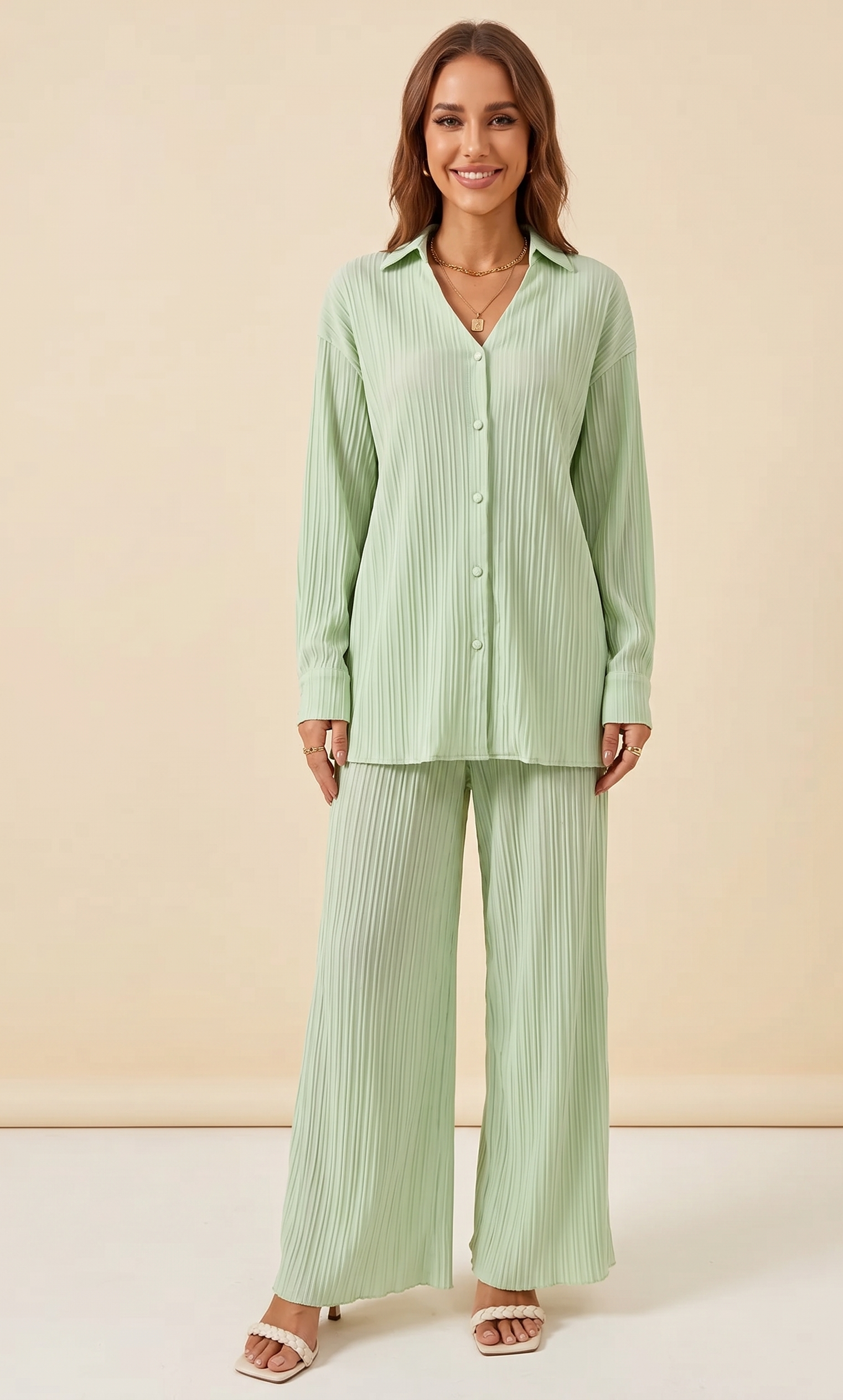 Feletin Luxe Johnny Collar Button-Down Top & Pants Set