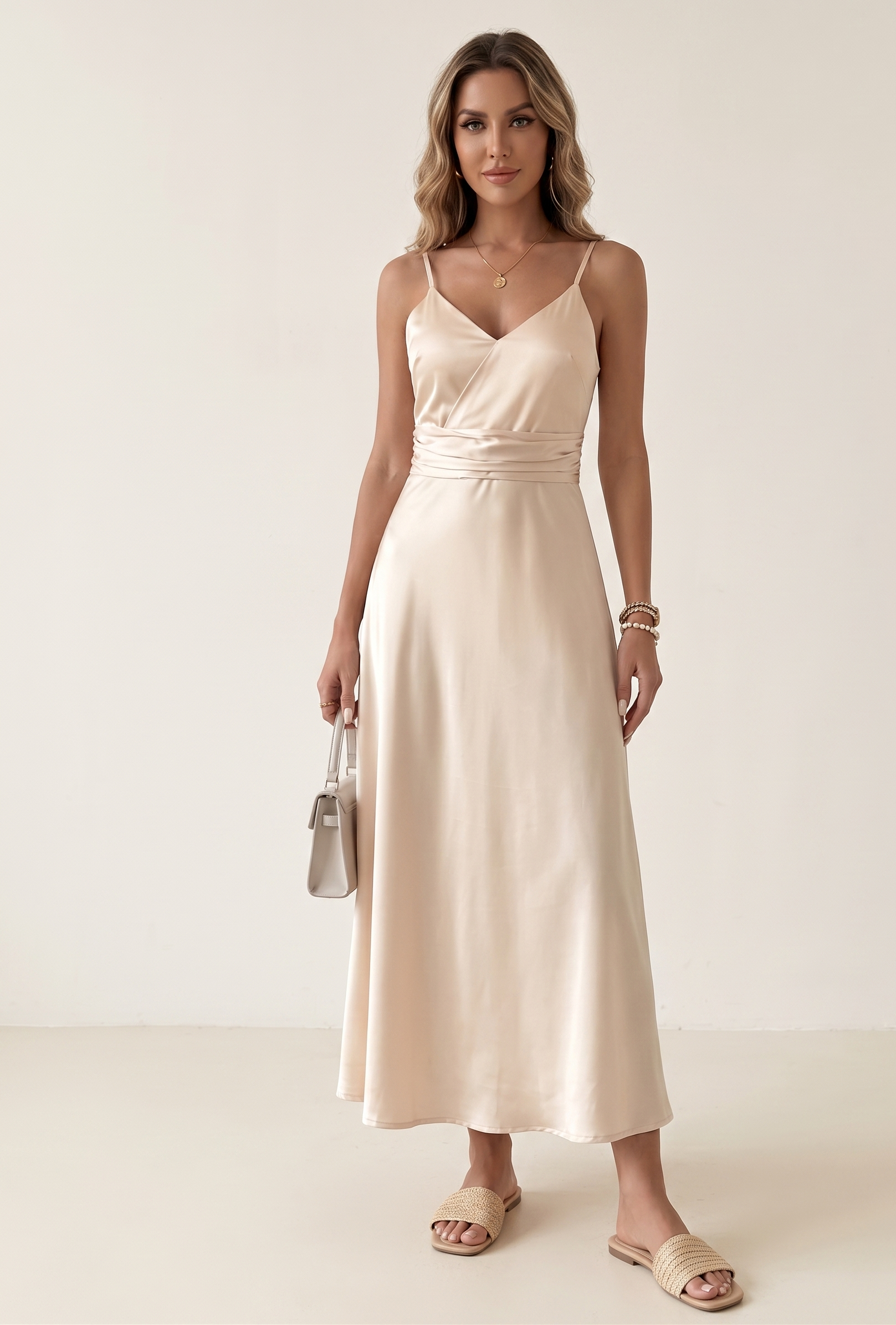 Feletin Luxe Satin V-Neck Tied-Waist Maxi Dress in Champagne