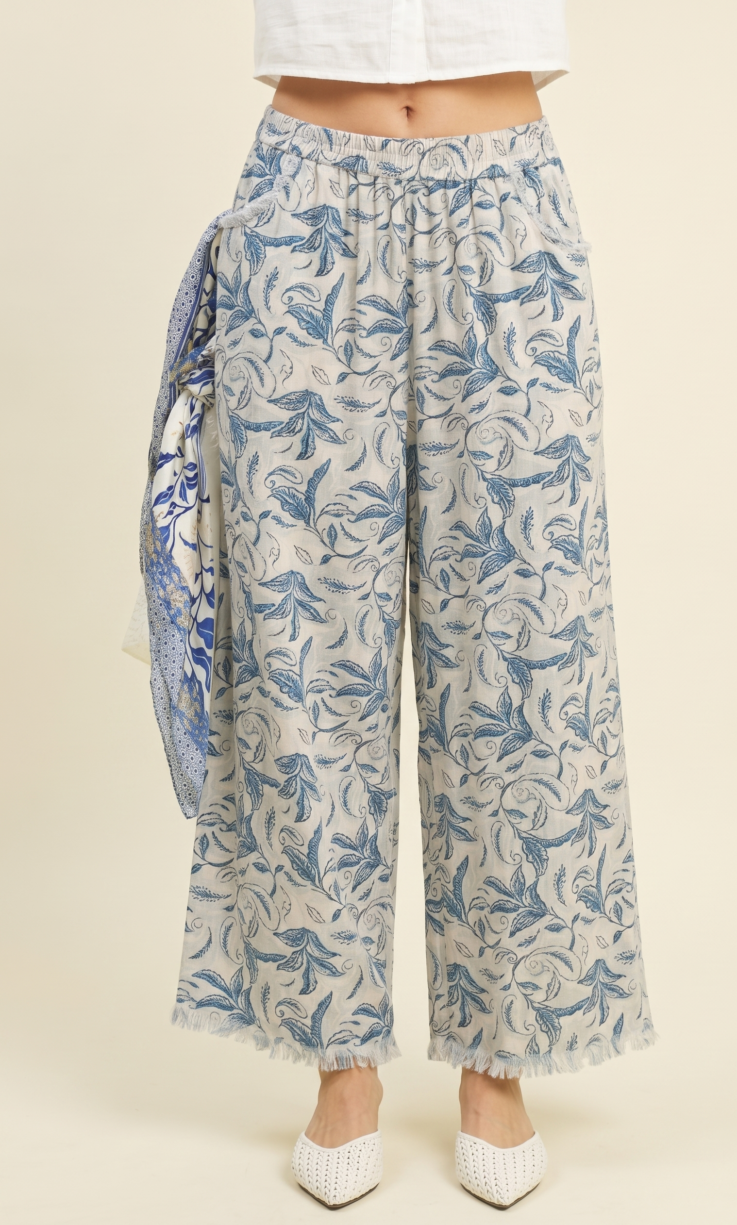Feletin Linen Marea Printed Wide Leg Raw Hem Pants