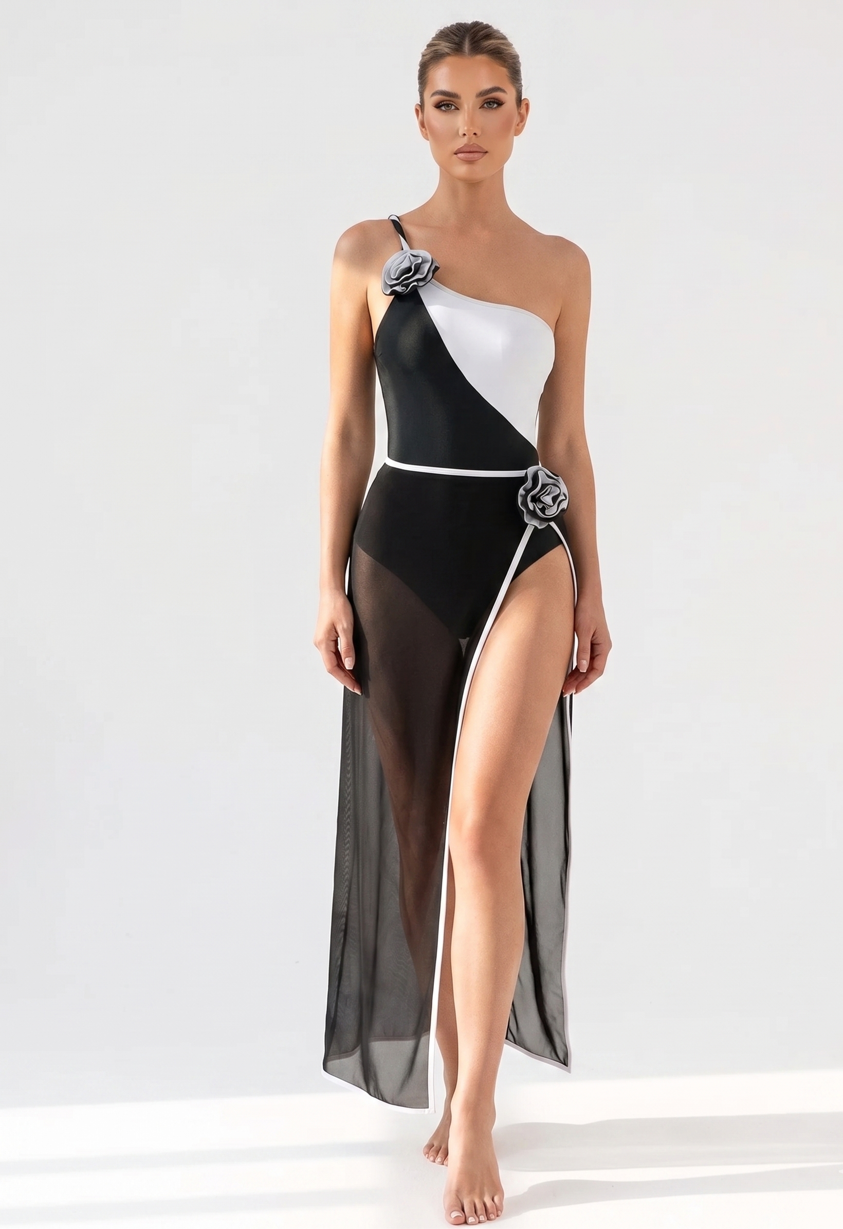 Feletin Luxe Contrast Colorblock Single-Shoulder One-Piece Swimsuit & Cover-Up Set | Black & White