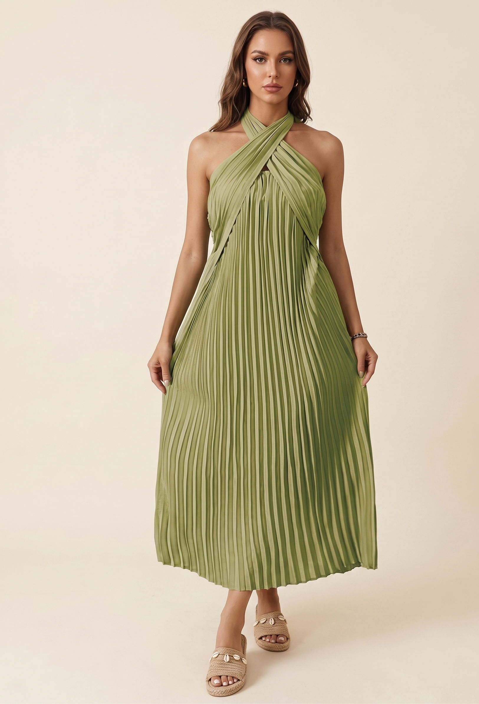 Feletin Luxe Pleated Tie-Waist Halter Neck Midi Dress