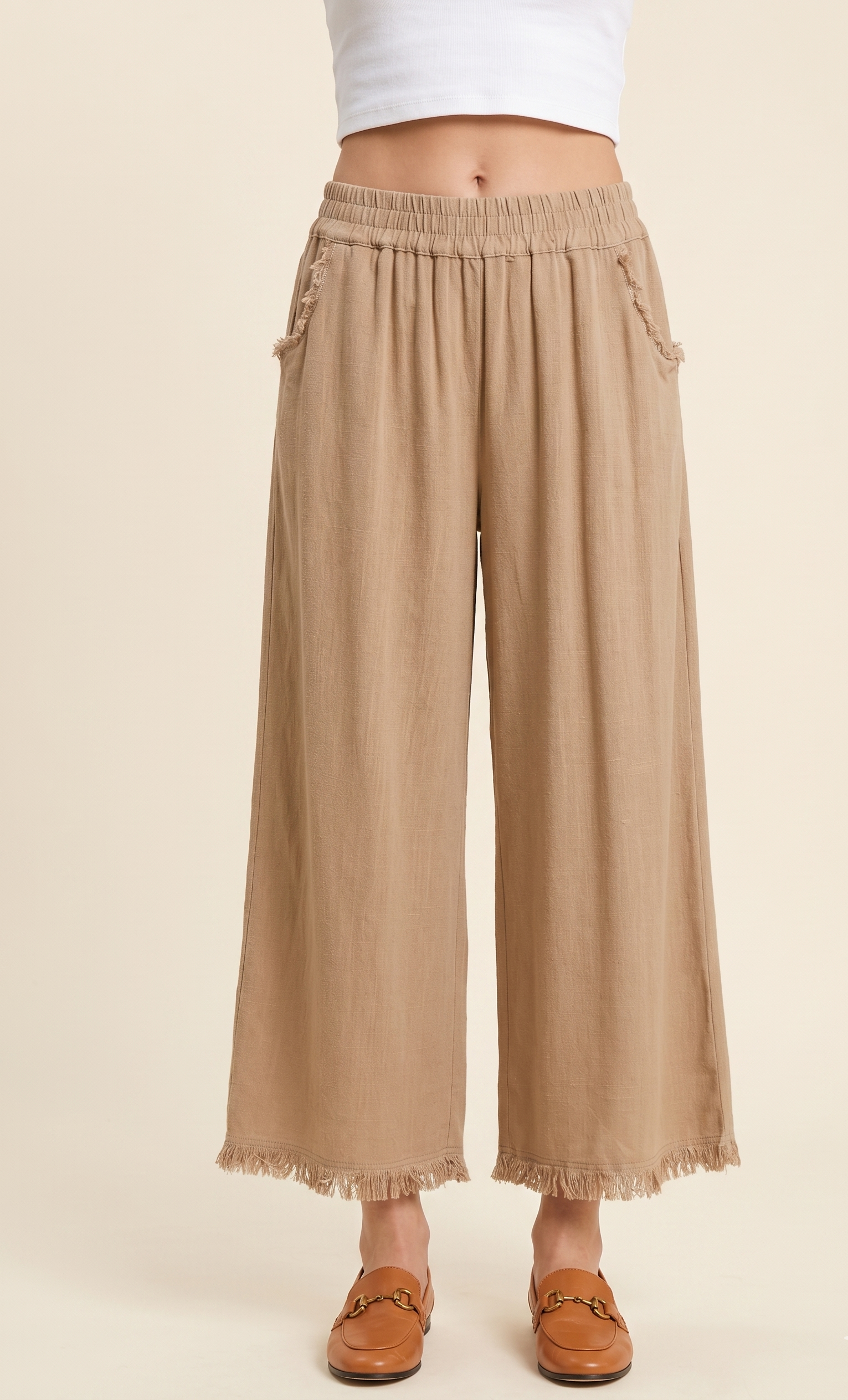 Feletin Linen Sahara Raw Hem Elastic Waist Wide Leg Pants
