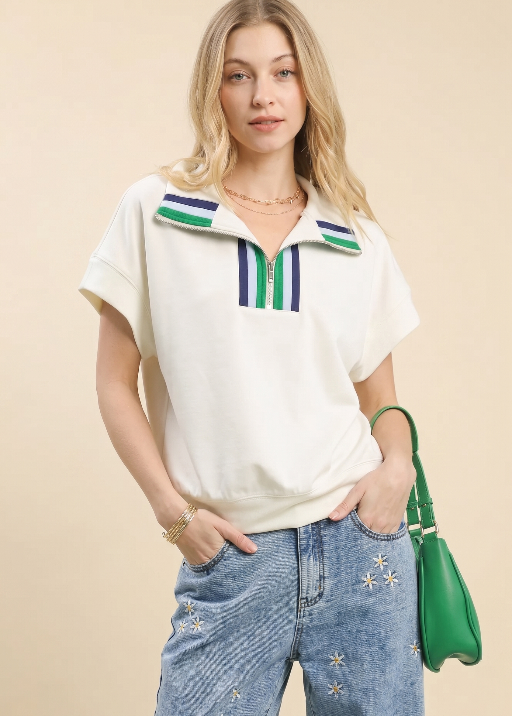 Feletin Luxe Knit Split V-Neck Contrast-Trim Short-Sleeve Top | Cream | Sizes S–L
