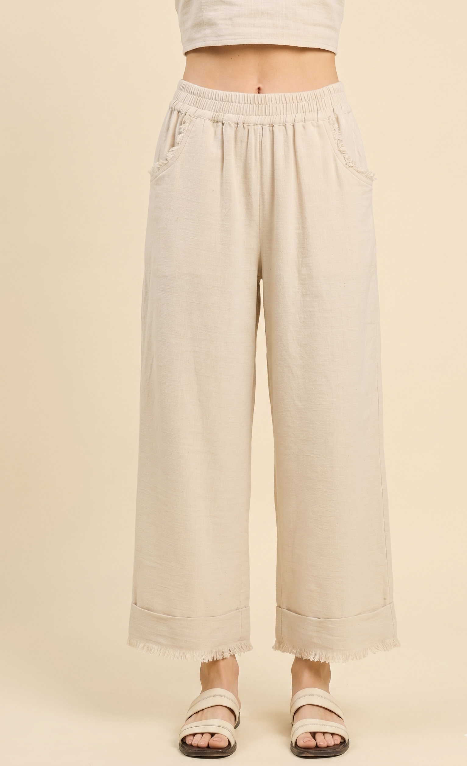 Feletin Linen-Look Gauze Frayed Hem Raw Edge Wide Leg Pants