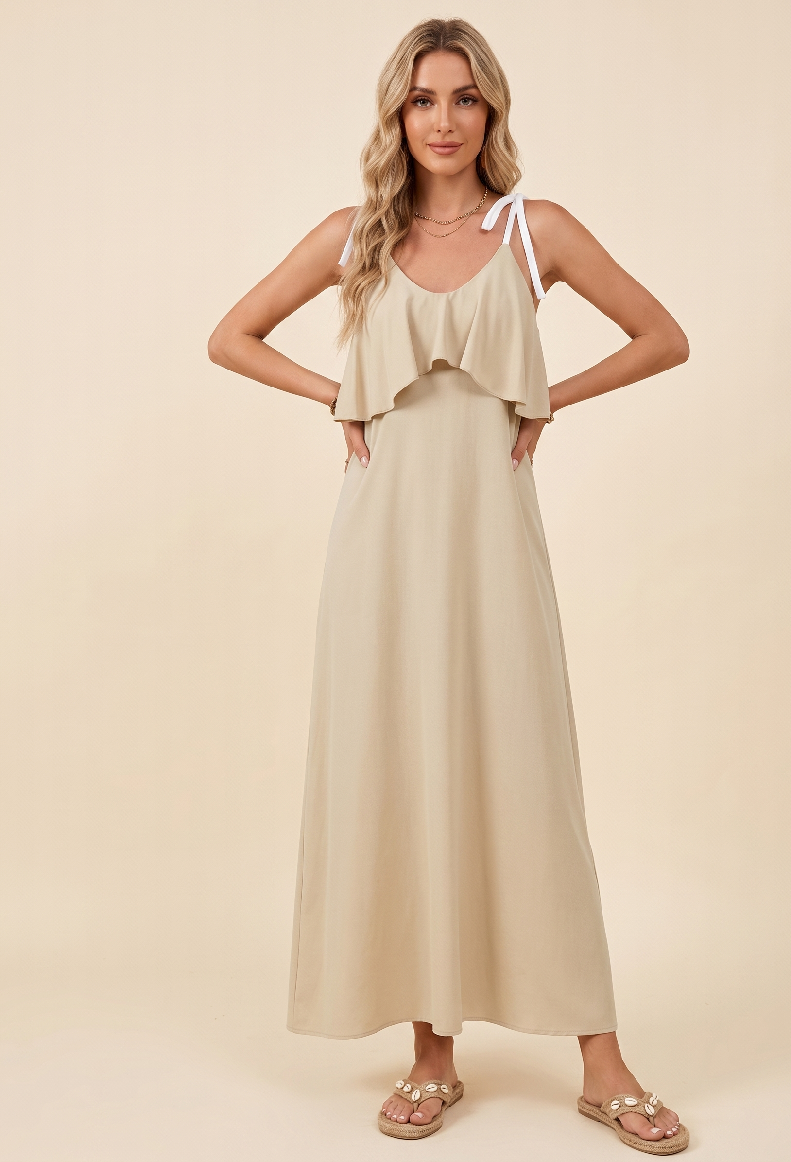 Feletin Luxe Ruffled Tie-Waist Scoop Neck Sleeveless Midi Dress in Tan