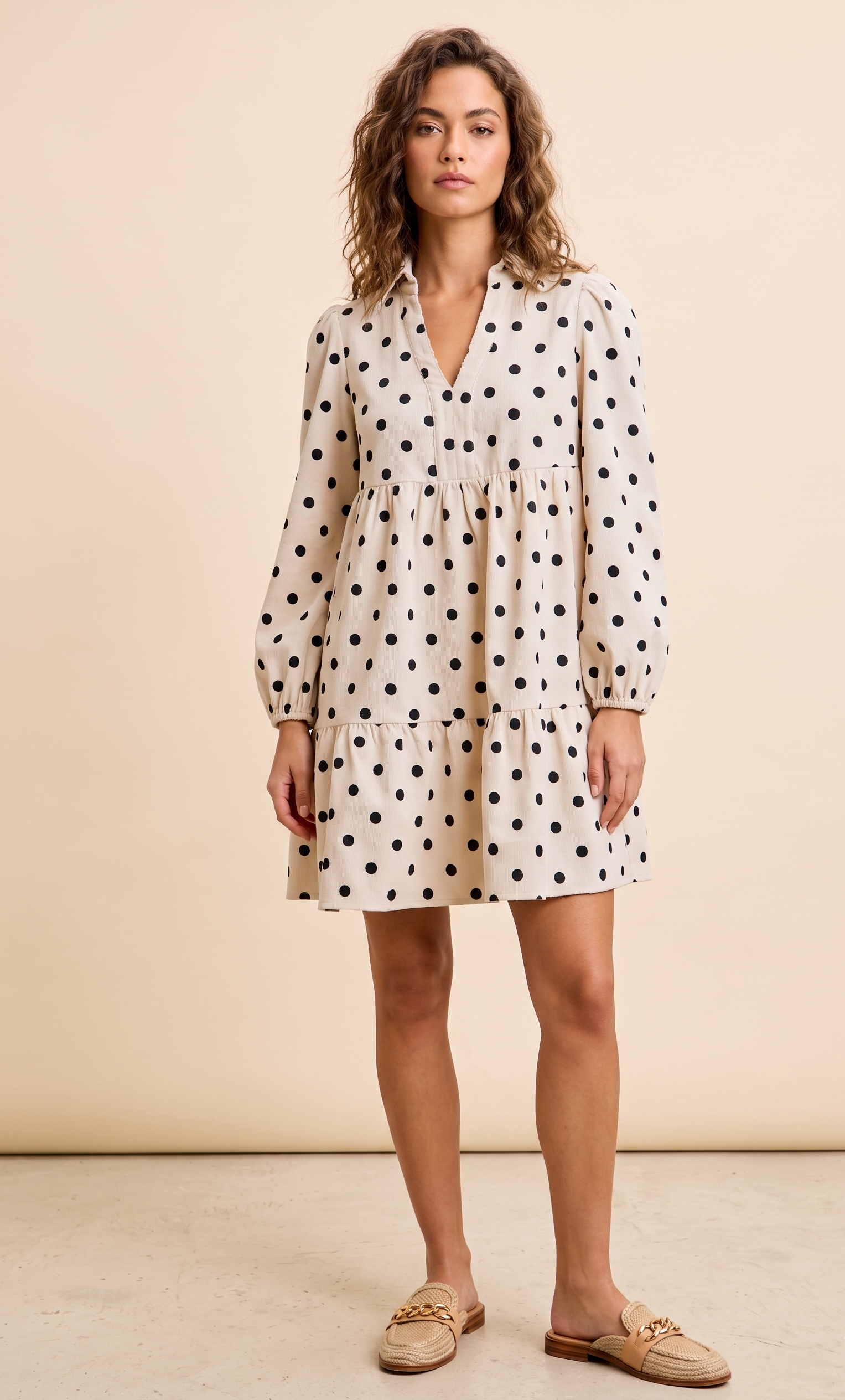 Feletin Luxe Ivory & Black Polka-Dot Corduroy Collared V-Neck Tiered Ruffle Dress | S–XL