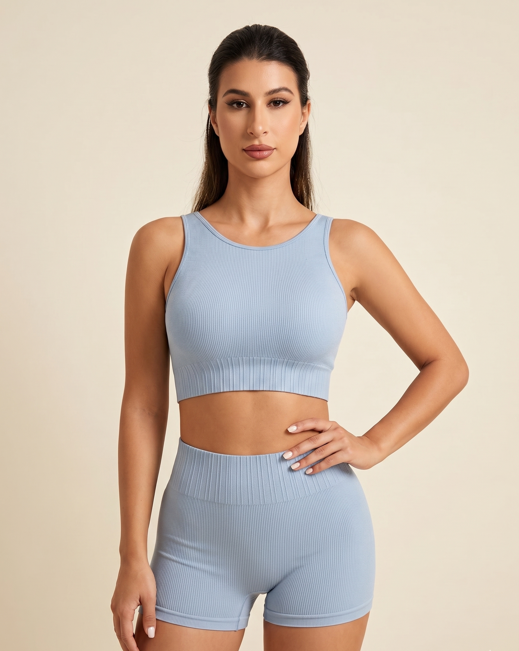 Feletin Luxe Round-Neck Wide-Strap Crop Top & Shorts Active Two-Piece Set | Light Blue | Sizes S–L