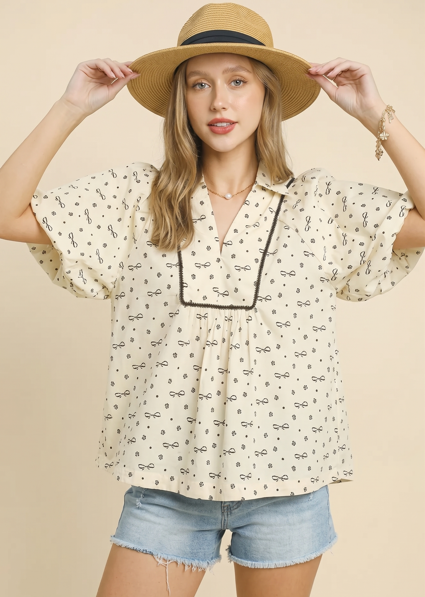 Feletin Luxe Bow-Print Sailor-Collar Butterfly-Sleeve Blouse | Cream | Sizes S–L