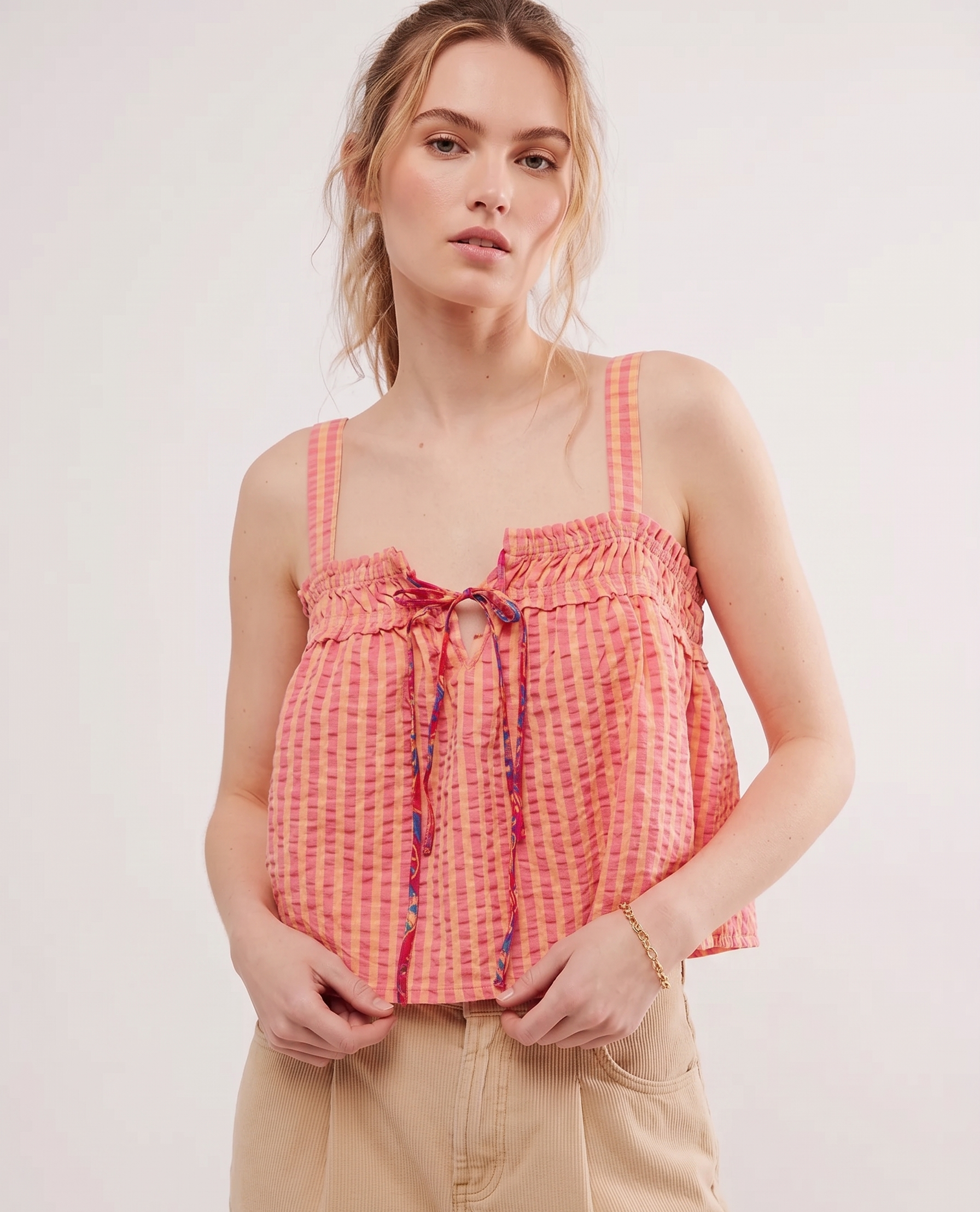 Smocked Gingham Tie-Front Crop Cami