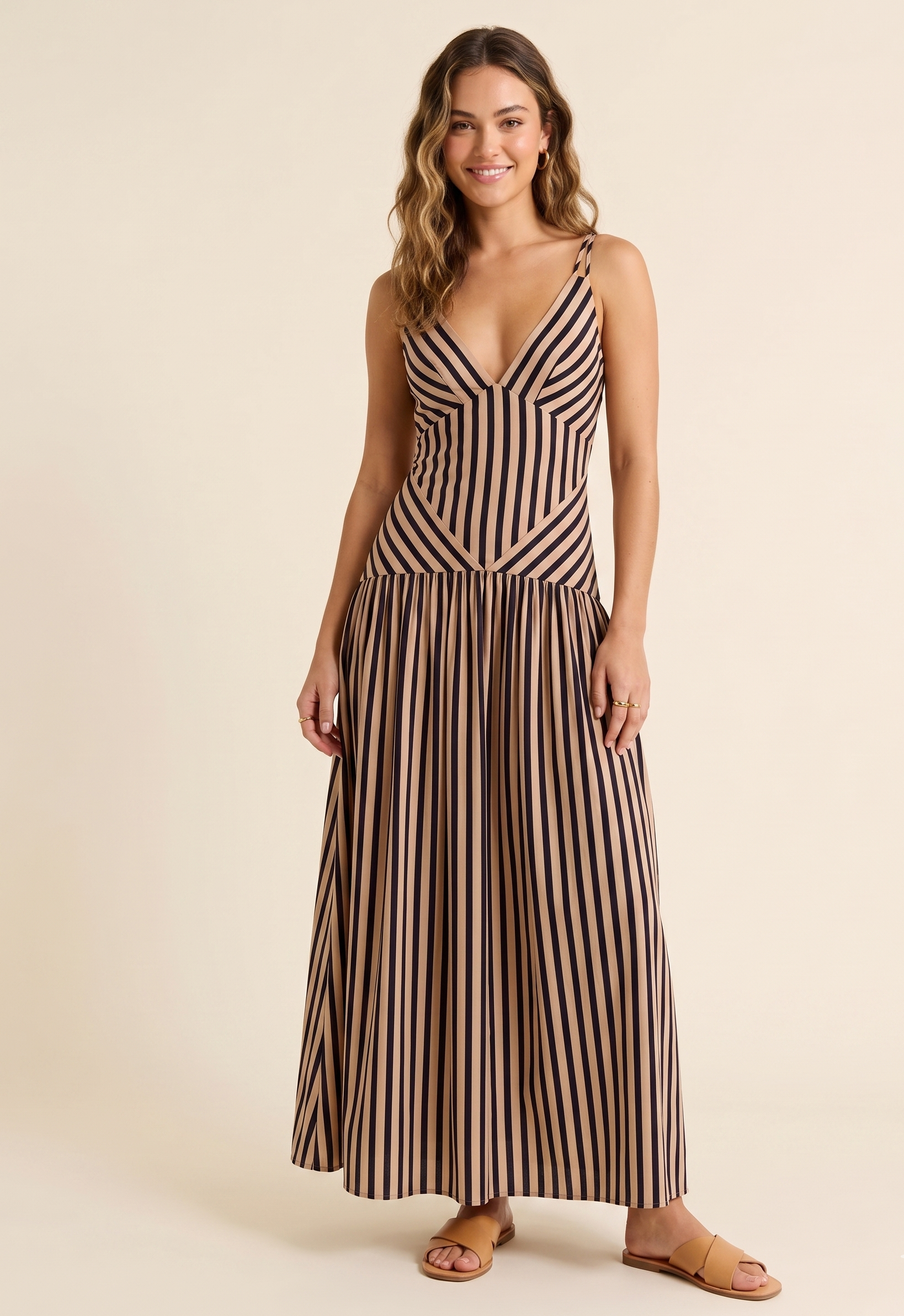 Feletin Luxe Striped V-Neck Tie-Shoulder Maxi Dress in Brown