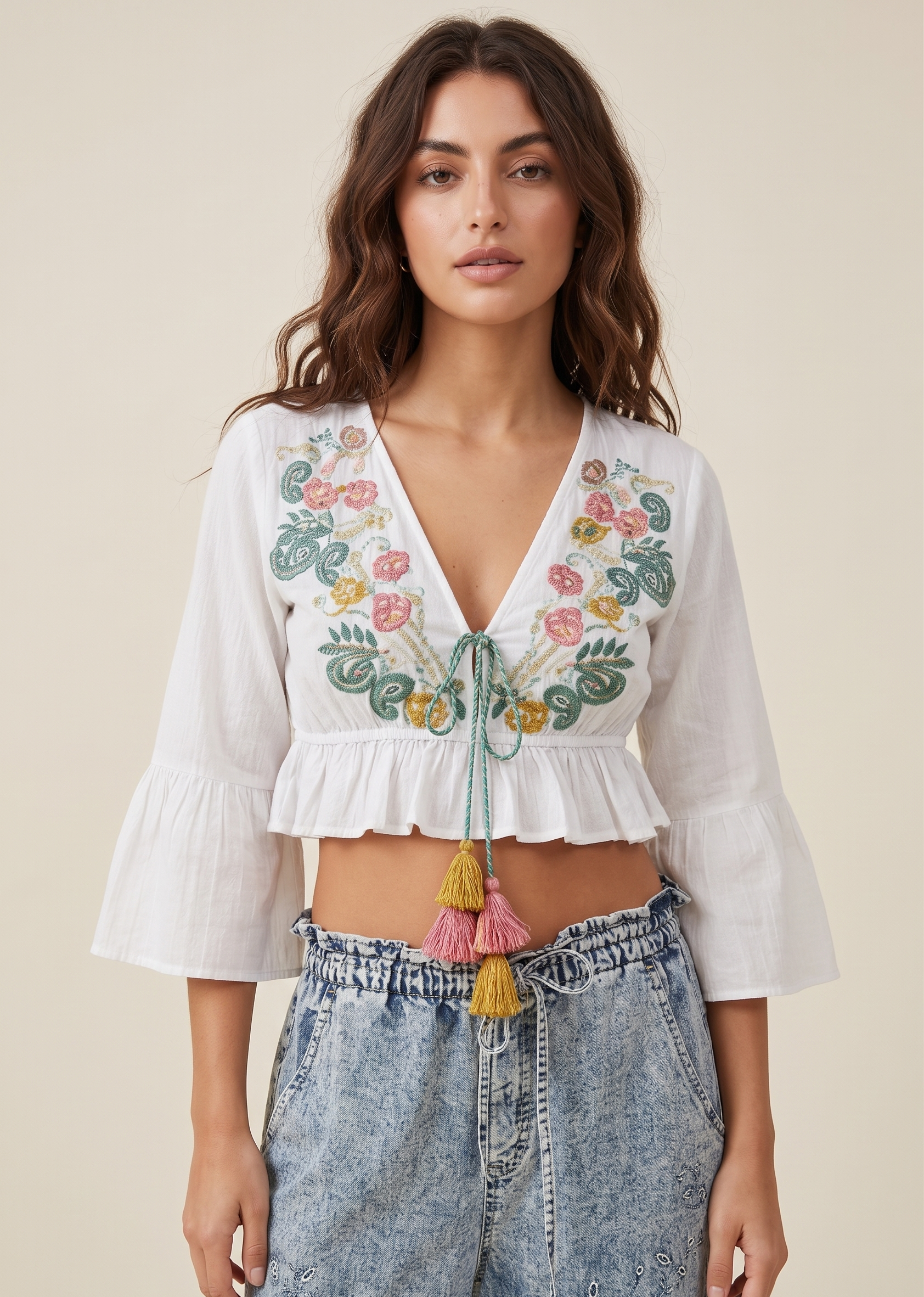 Feletin Luxe Floral-Embroidered Tassel-Tie Ruffle-Sleeve Cropped Cotton Blouse in Ivory
