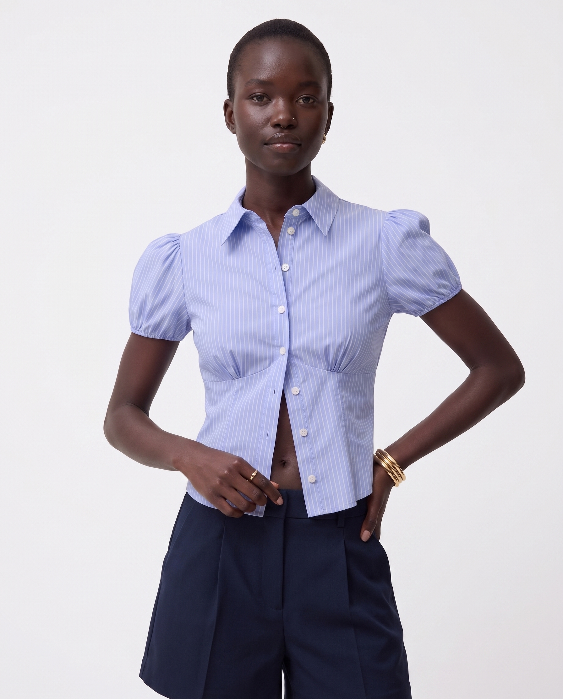 Striped Puff-Sleeve Button-Up Shirt