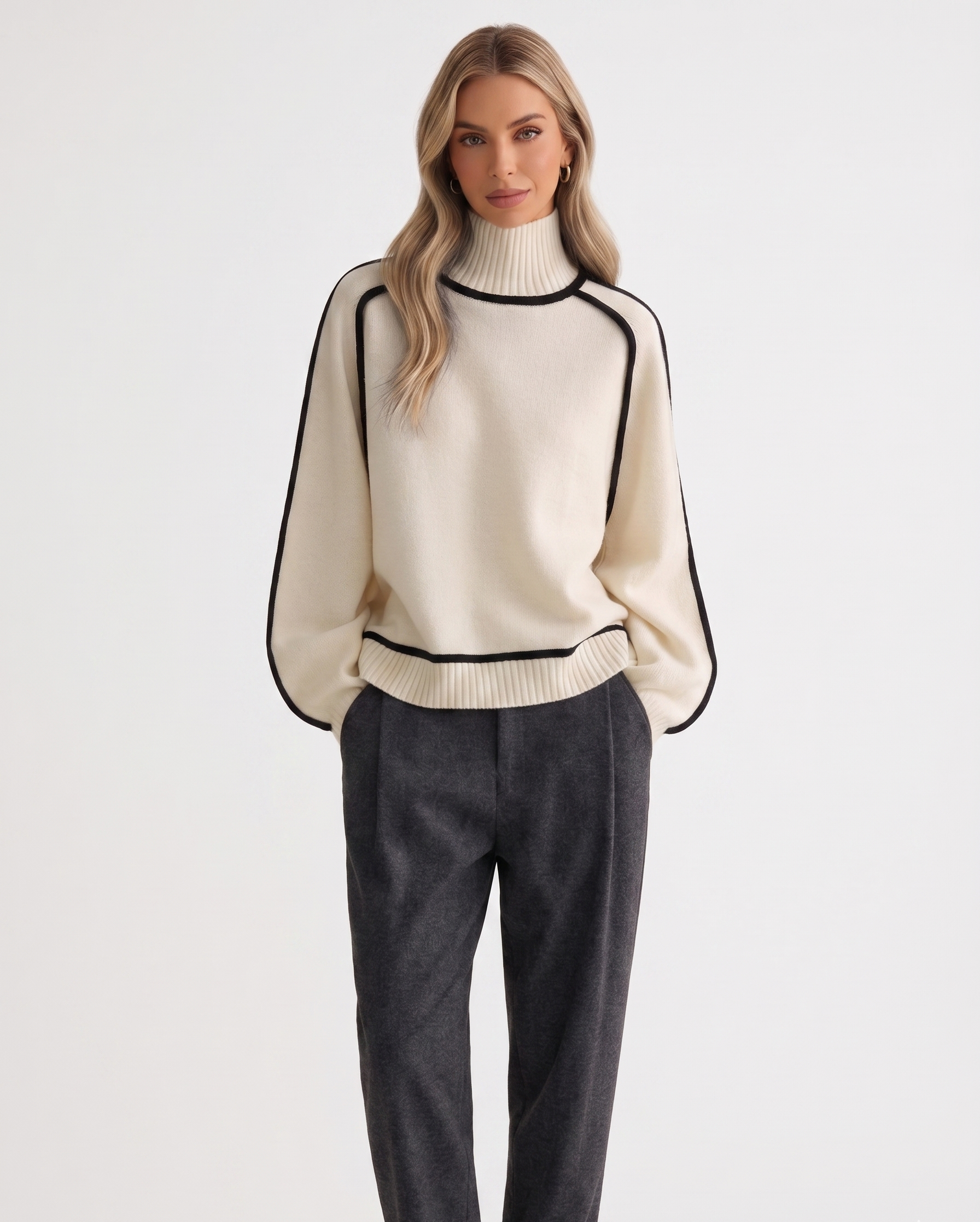 Contrast-Trim Turtleneck Knit Sweater 2