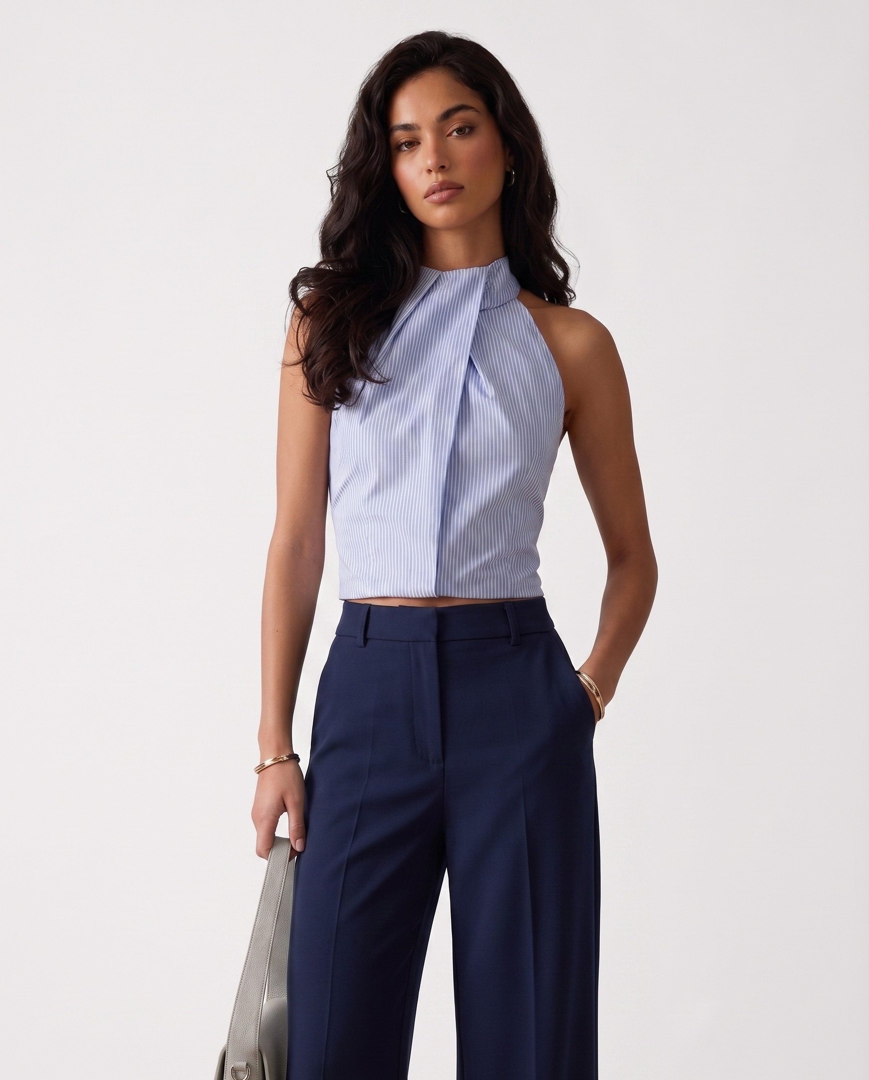 The Light Blue Striped Backless Tied Halter Neck Cami — Striped Backless Tied Halter Neck Cami Top in Light Blue