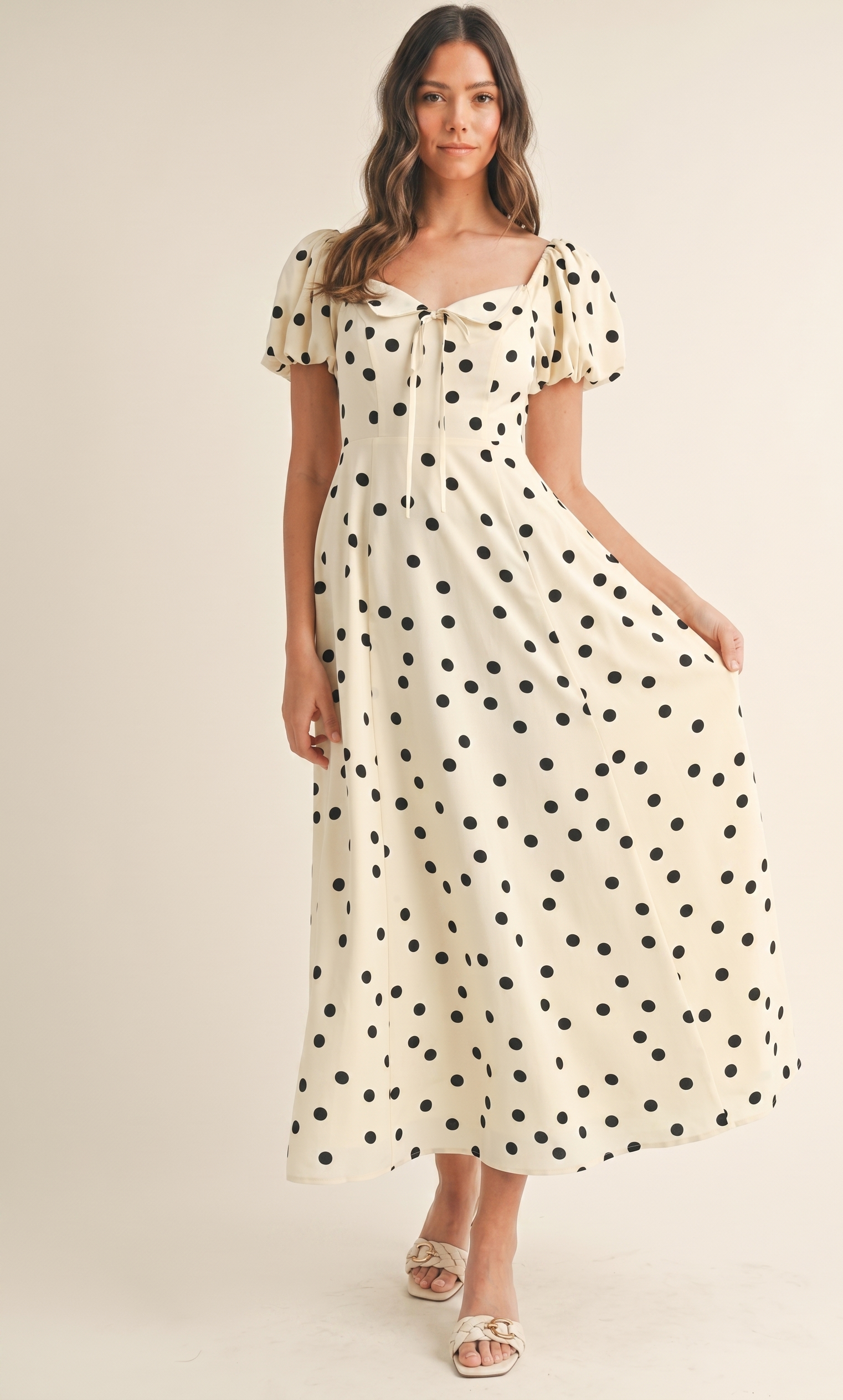 Feletin Luxe Polka-Dot Puff-Sleeve Smocked Tied Midi Dress in Cream | Sizes S–L