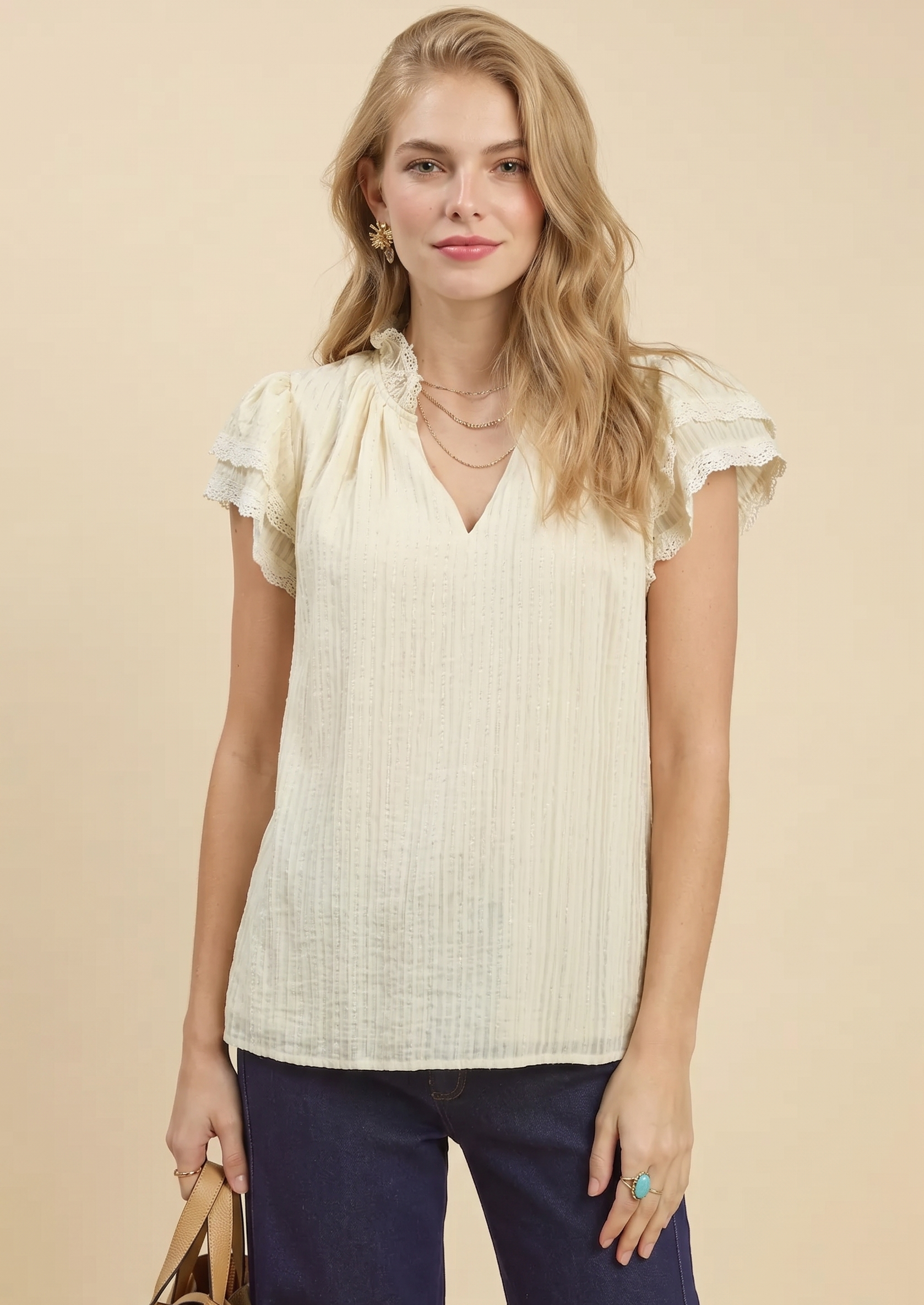 Feletin Luxe Lace-Trim Double-Ruffle Split V-Neck Boxy Top | Cream | Sizes S–L