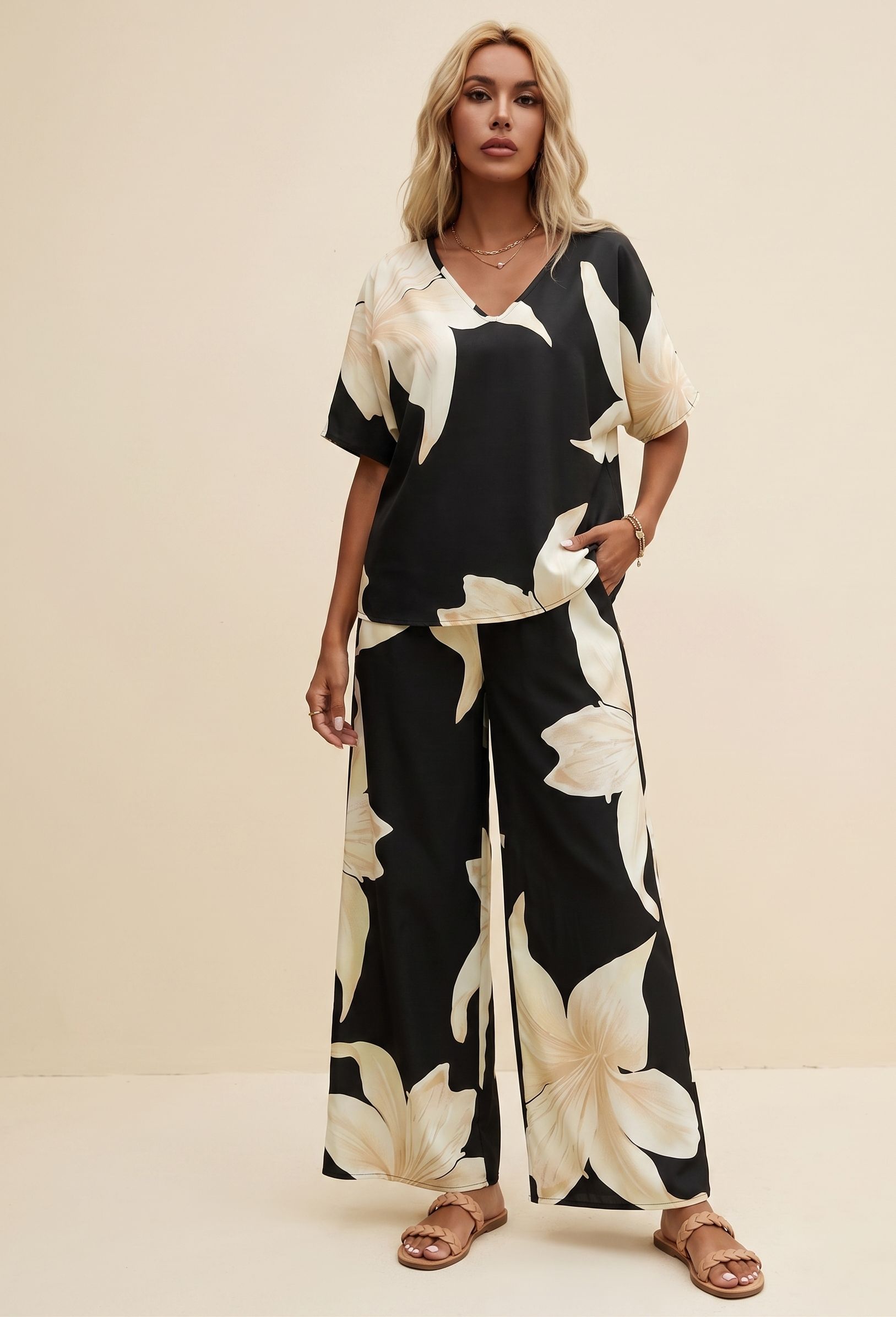 The Vivid V Set — Printed V-Neck Top & Pants