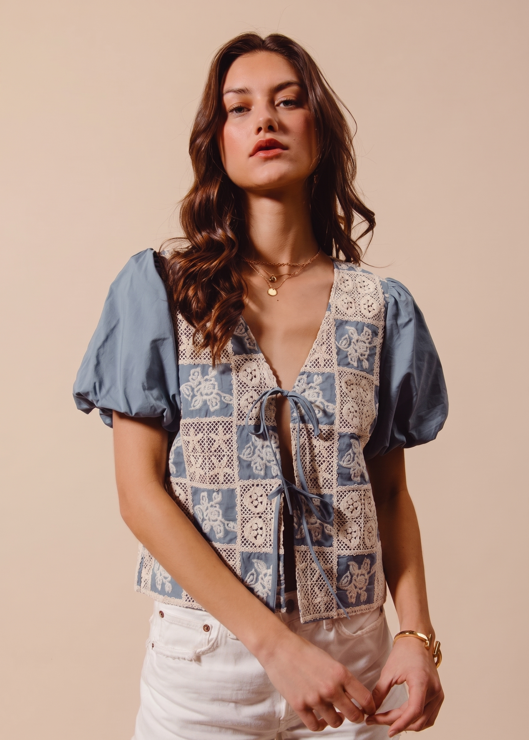 Feletin Luxe Crochet-Lace Tie-Front Puff-Sleeve V-Neck Blouse in Denim Blue