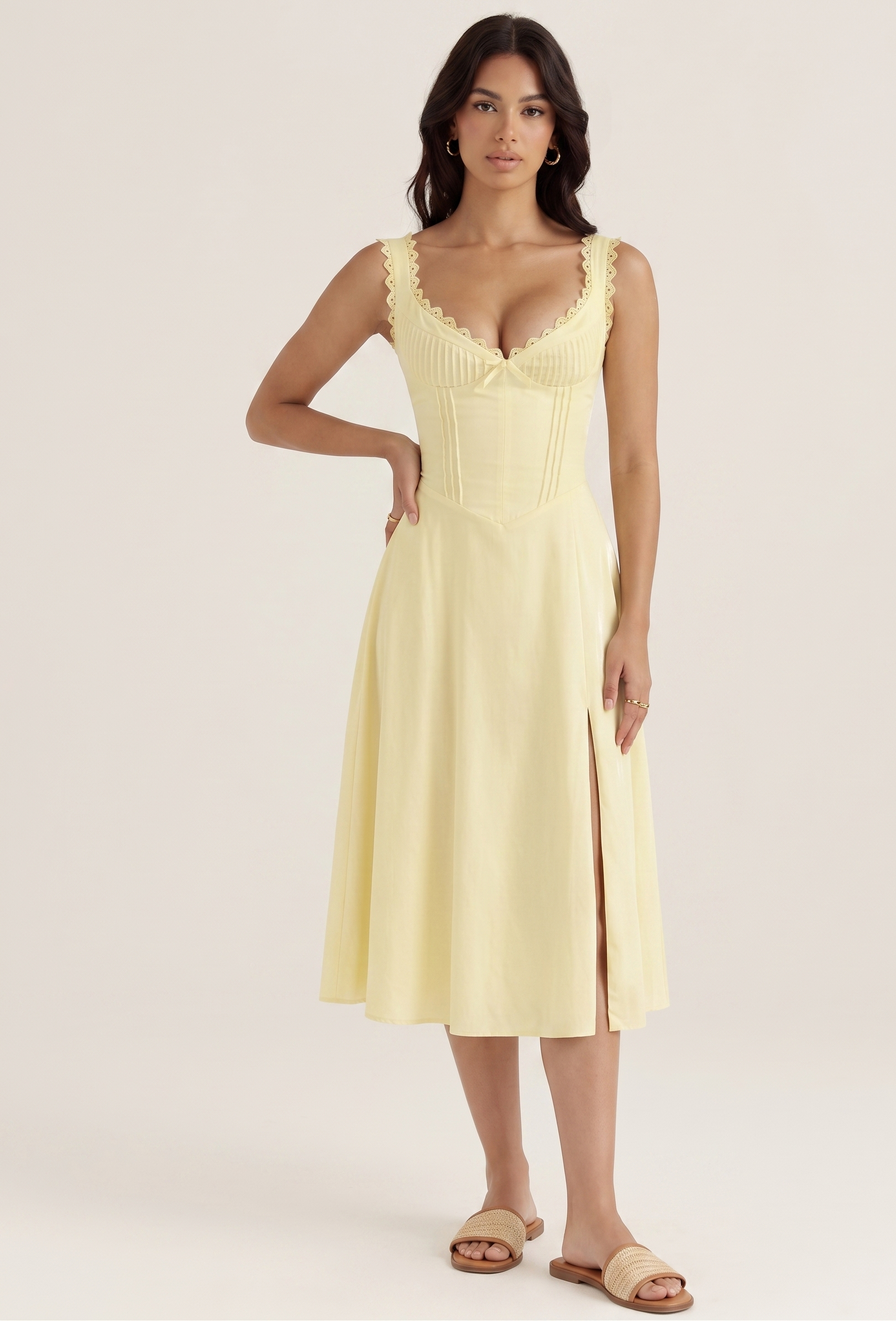 Feletin Luxe Scalloped V-Neck Lace-Up Back Midi Dress