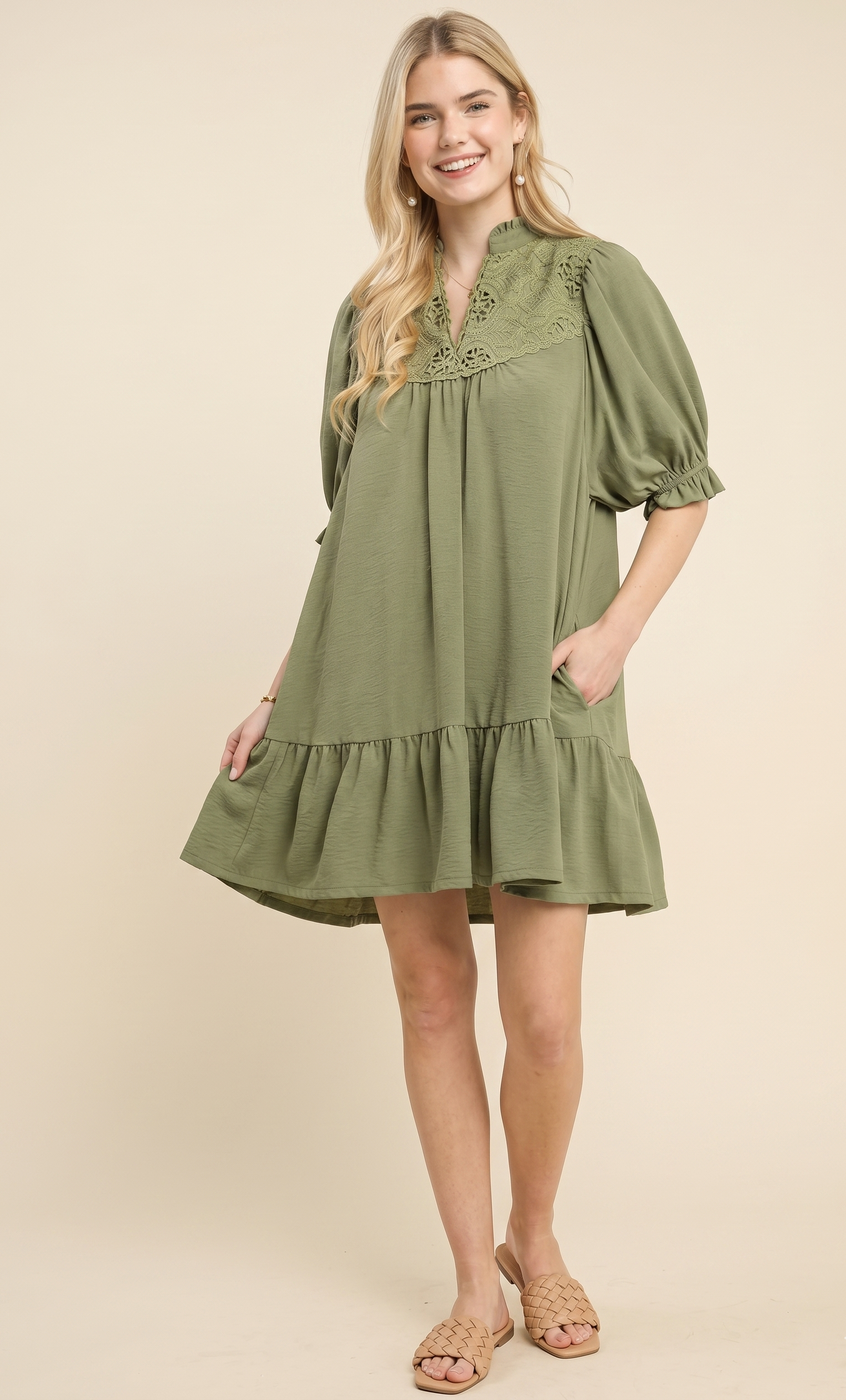 Feletin Luxe Sage Lace-Yoke Stand-Collar Tiered Mini Dress | Ruffle Cuffs & Pockets | S–L