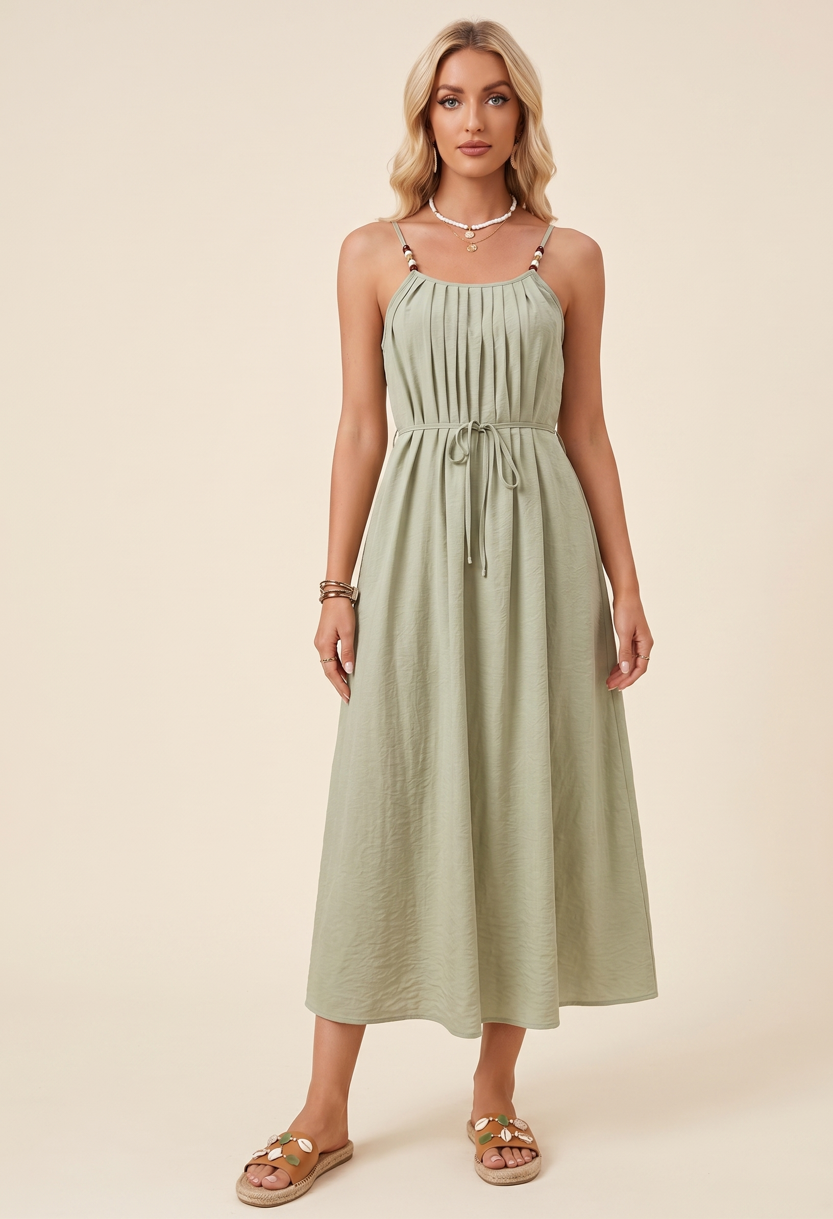 Feletin Luxe Pleated Ruched Tie-Waist Adjustable Strap Cami Midi Dress in Sage