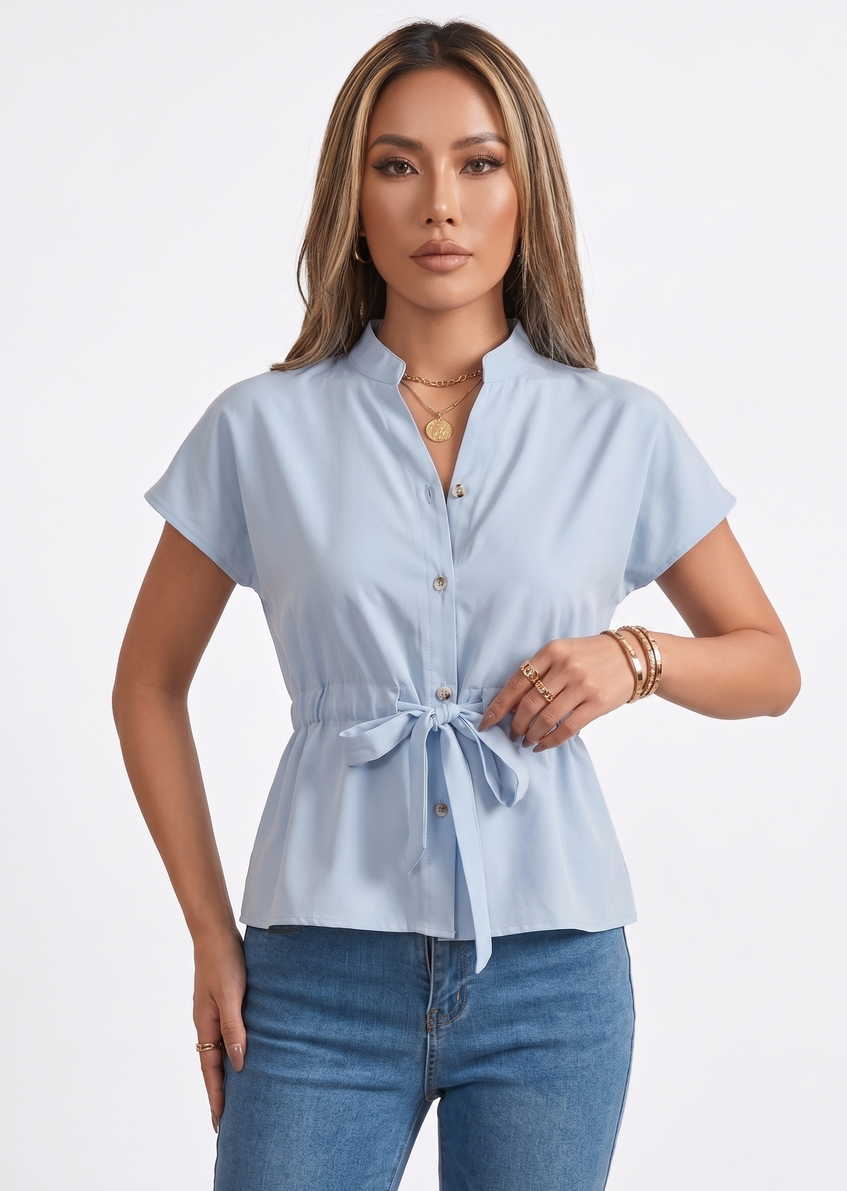 Tie-Waist Button-Down Relaxed Shirt