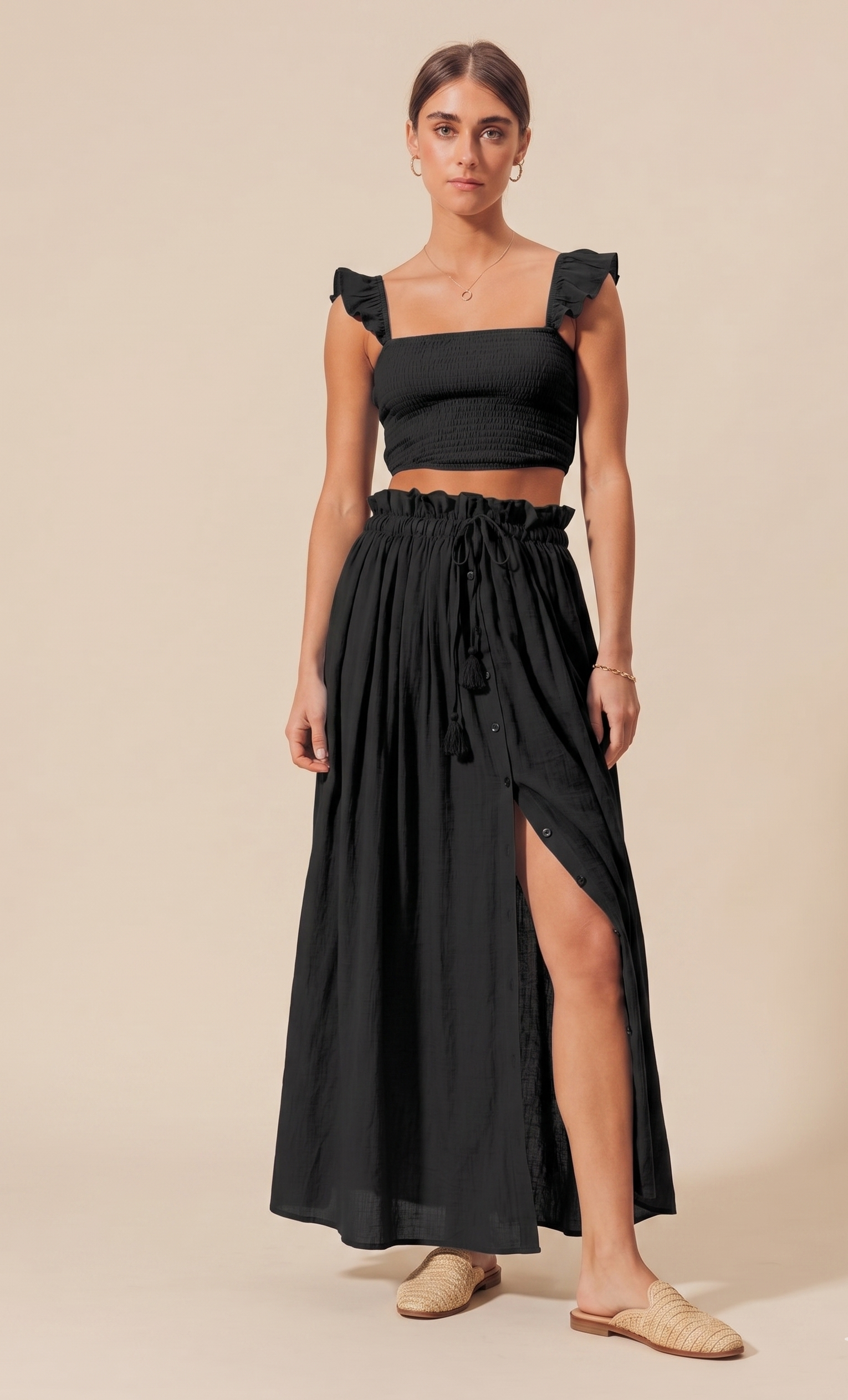 Feletin Luxe Smocked Ruffle-Sleeve Square-Neck Crop Top & Slit Maxi Skirt Two-Piece Set in Black | Sizes S–L