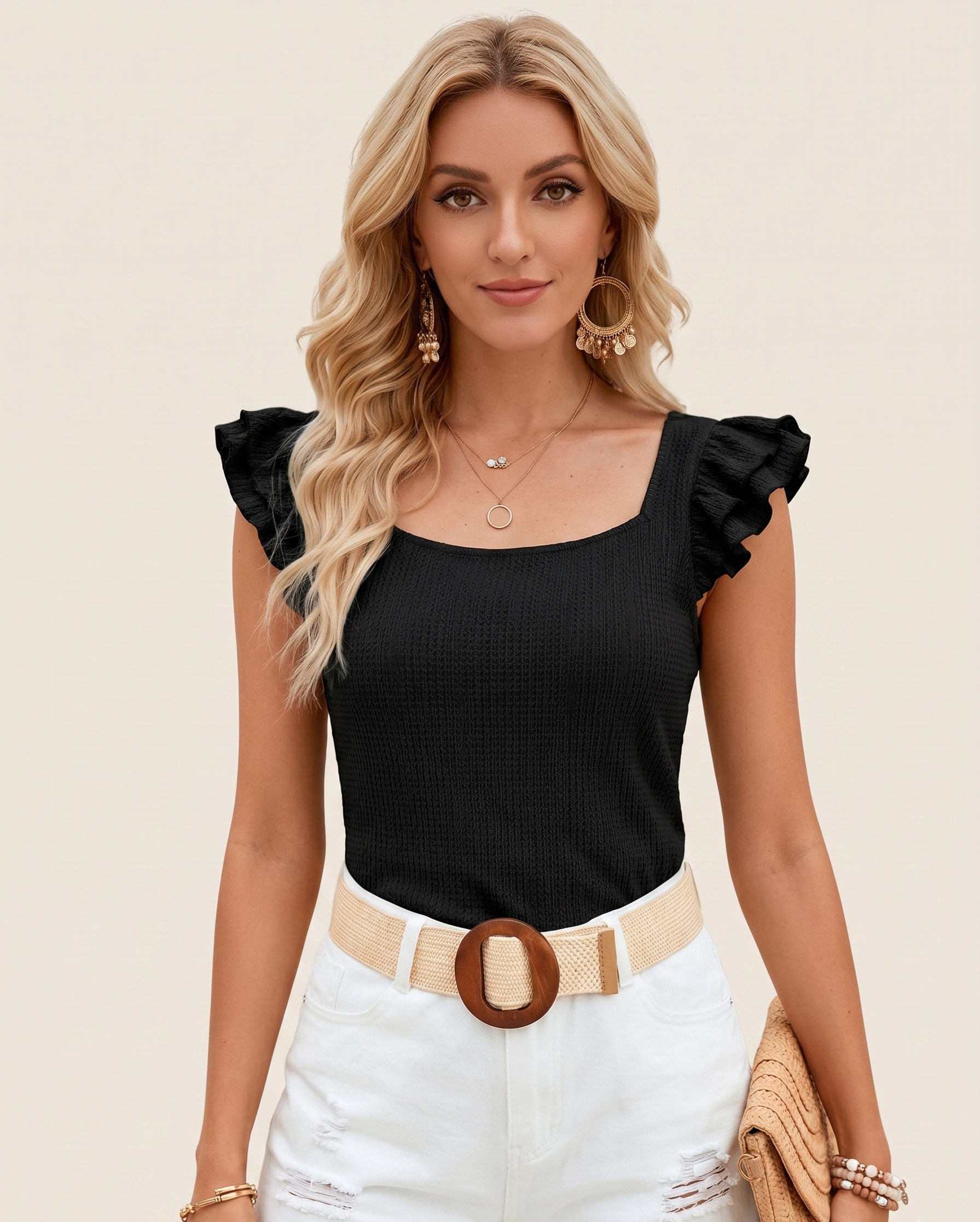 Feletin Luxe Ruffled Cap-Sleeve Square-Neck Top in Black