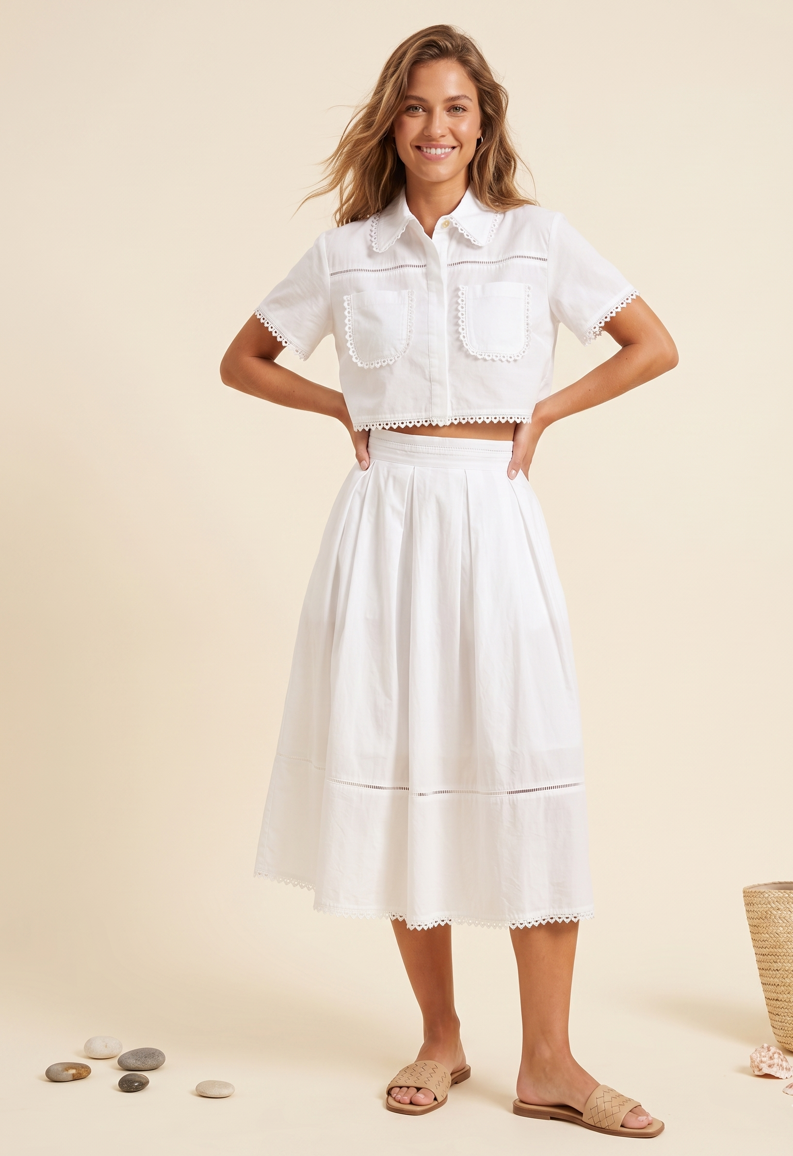 Feletin Luxe Button-Front Short-Sleeve Pocketed Shirt & Skirt Two-Piece Set | White & Navy Blue | Sizes S–XL