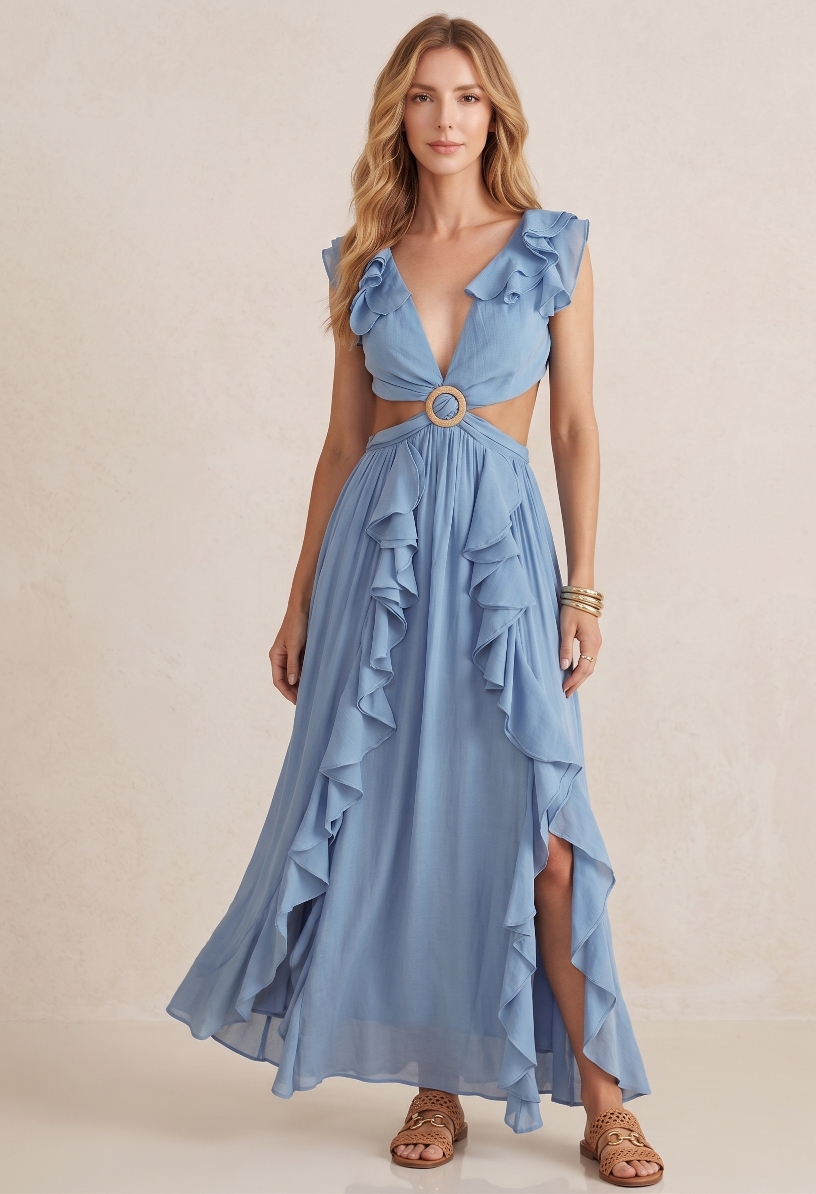 Ruffled Cutout Tie-Waist Cap Sleeve Maxi Dress