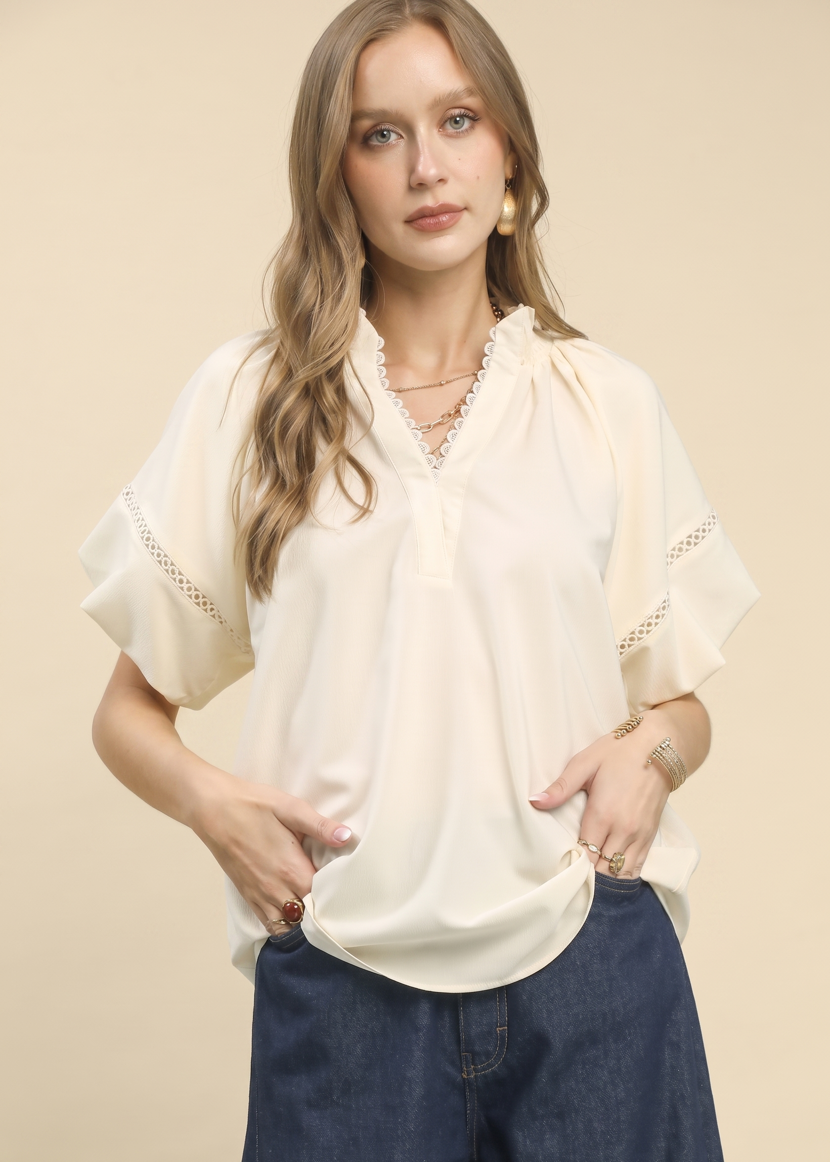 Feletin Luxe Lace-Trim Cutout Billowy-Sleeve Peasant Top | Cream | Sizes S–L