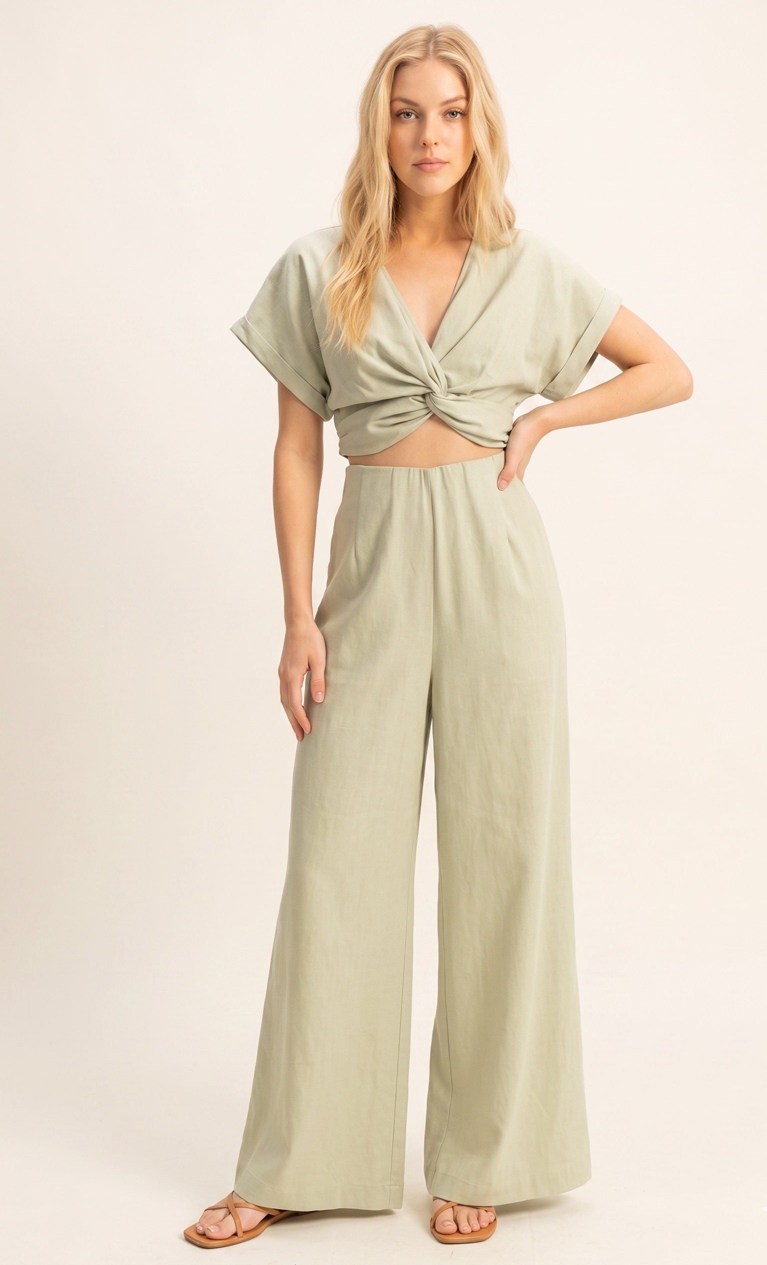 Feletin Luxe Sage Twisted-Front Short-Sleeve Crop Top & Wide-Leg Pants Set | 100% Viscose | S–L