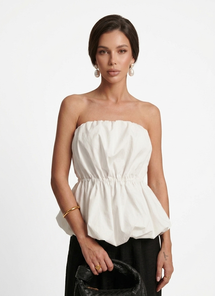 The White Ruched Bubble Hem Tube Top — Ruched Bubble Hem Cropped Tube Top in White