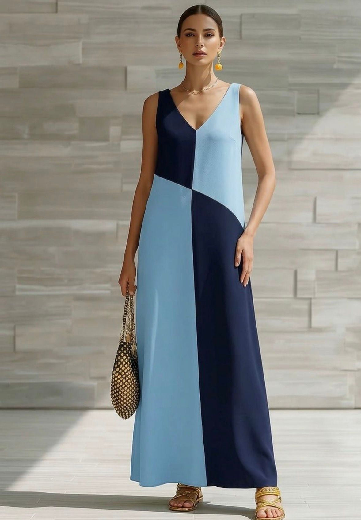 The Color Block Sleeveless Floor-Length Maxi Dress — Color Block Sleeveless Maxi Dress in Light Blue & Lime