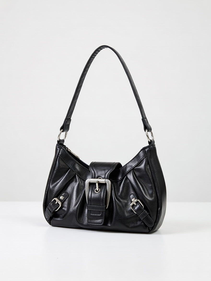 The Ruched Buckle Shoulder Bag — Buckle Decor Ruched PU Leather Small Shoulder Bag