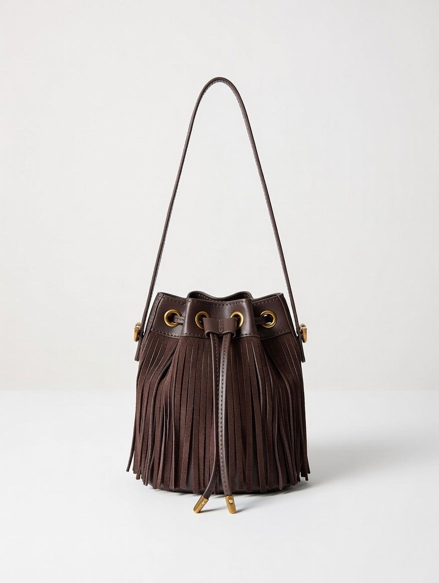 The Fringe Bucket Crossbody — Fringe Detail PU Leather Mini Bucket Crossbody Bag